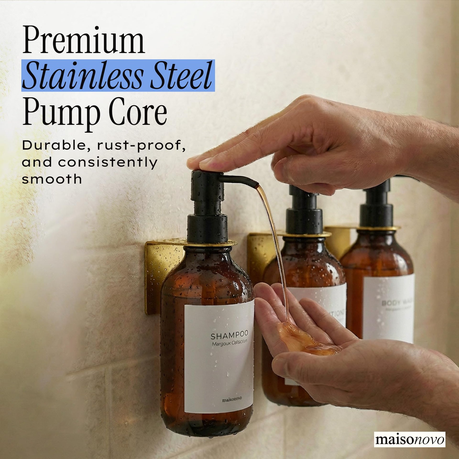 Shampoo and Conditioner Dispenser Wall Mounted Set of 3 Amber Gold (3 Count)