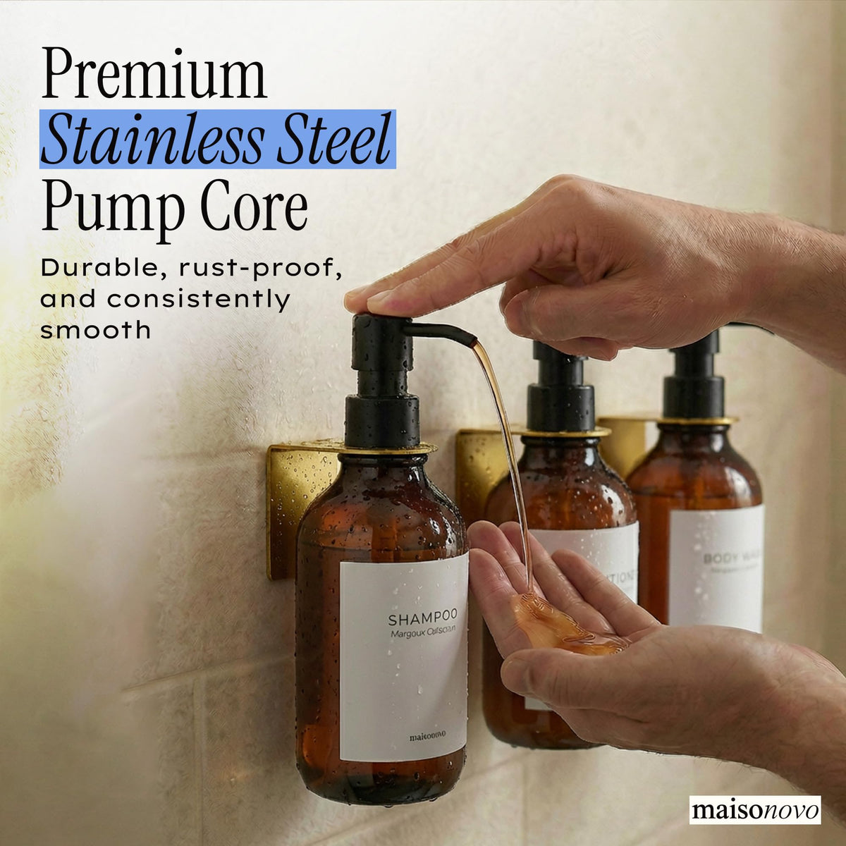 Shampoo and Conditioner Dispenser Wall Mounted Set of 3 Amber Gold (3 Count)