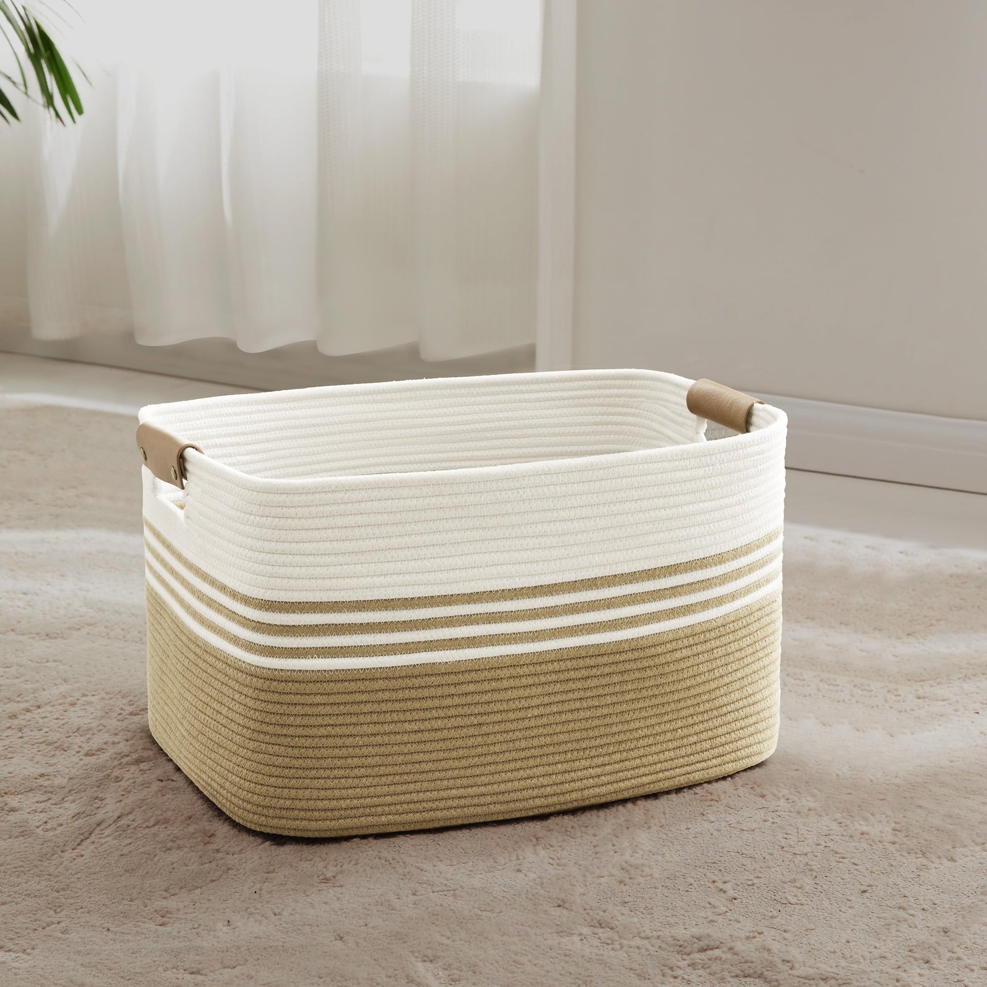 45L Small Woven Laundry Basket Hamper with Leather Handles - ModHome Supplies