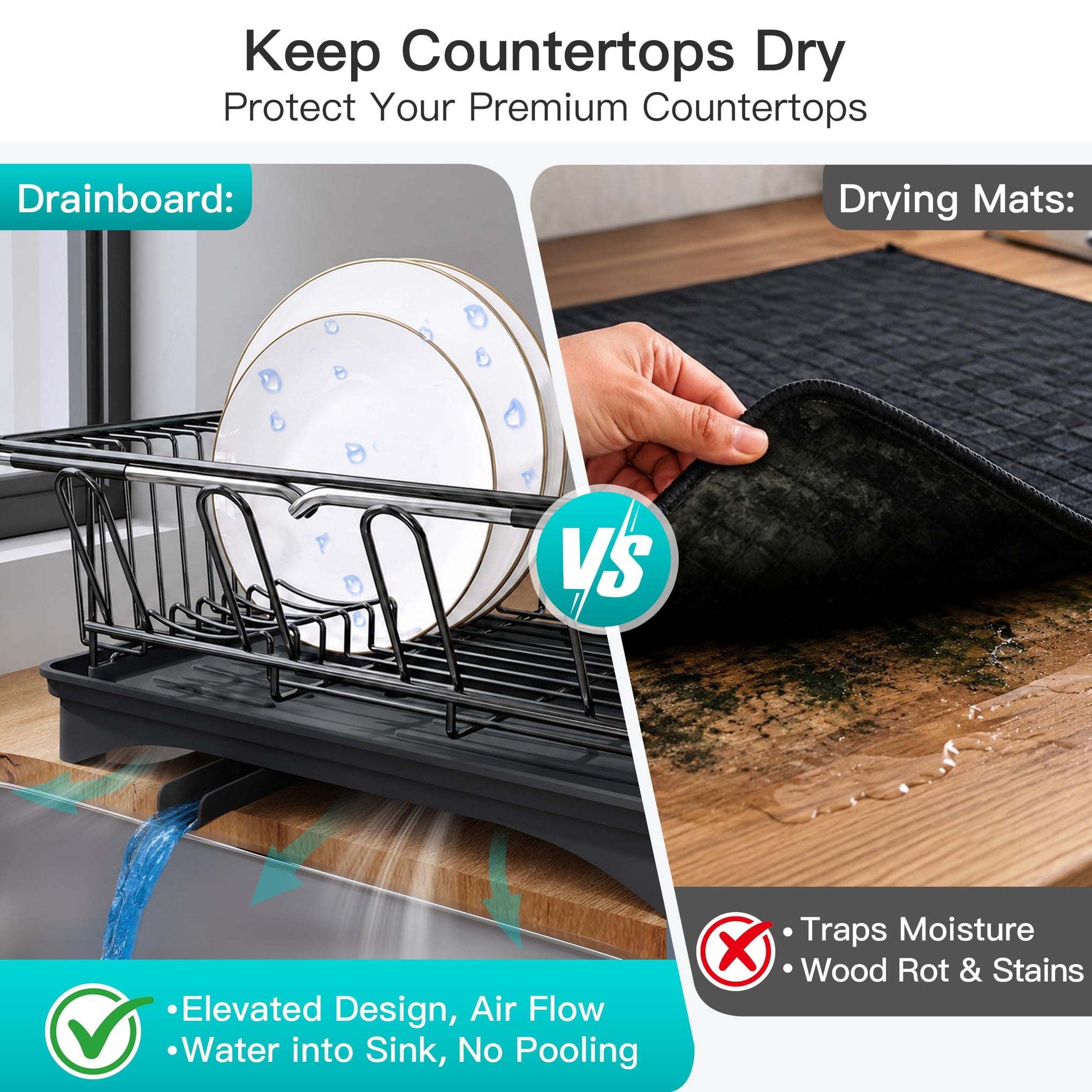 Black Dish Drying Rack in Sink with Drainboard and Utensil Holder