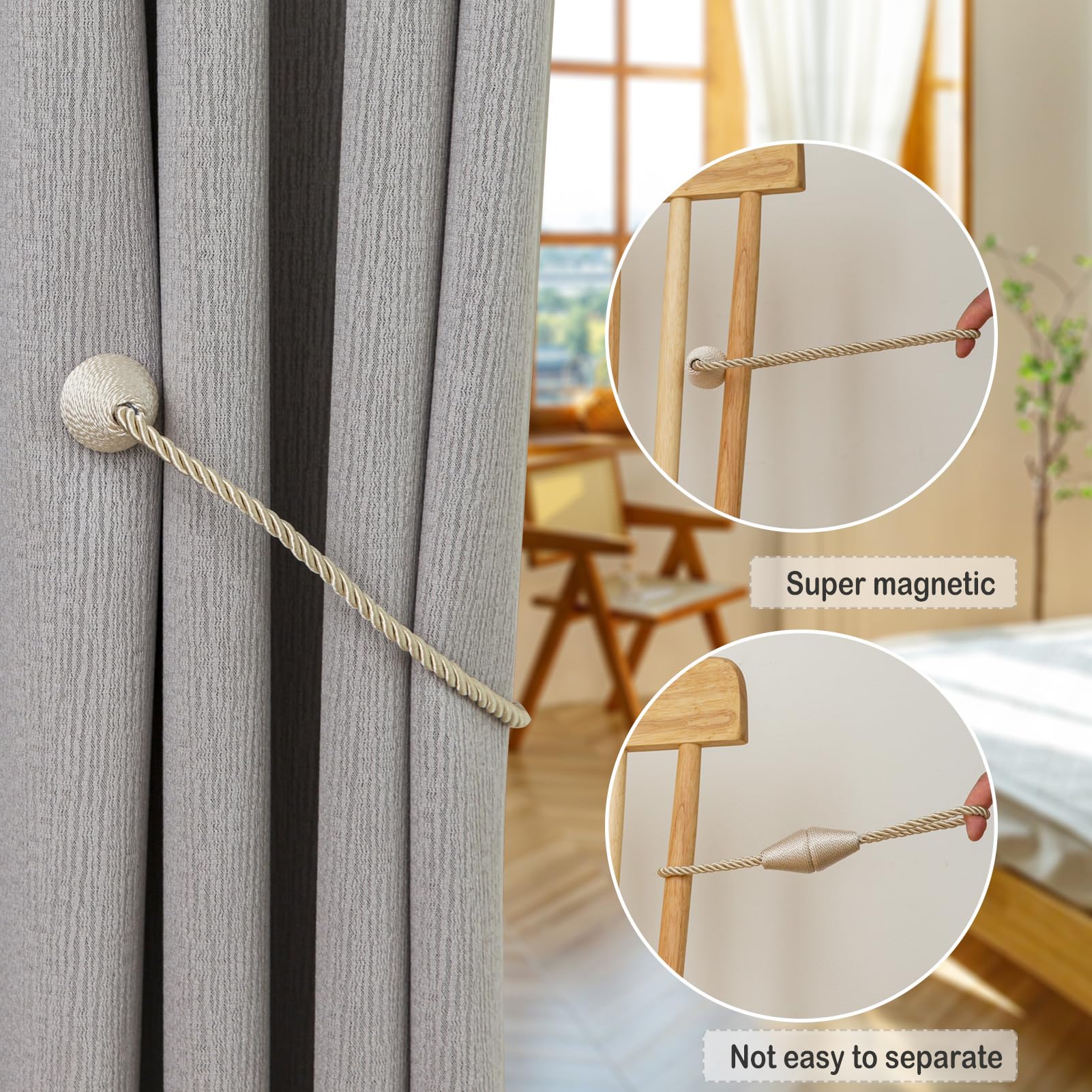 Magnetic Curtain Tiebacks 6 Pack Outdoor Rope Curtain Tie Backs Decorative Window Treatment Holdbacks for Home Decorative Curtain (6 Count)