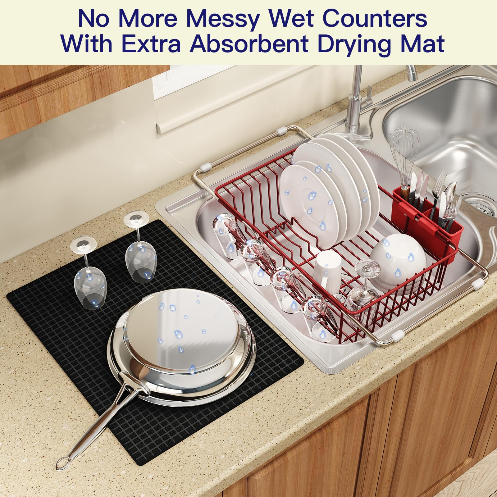Red Dish Drying Rack Over The Sink with Utensil Holder