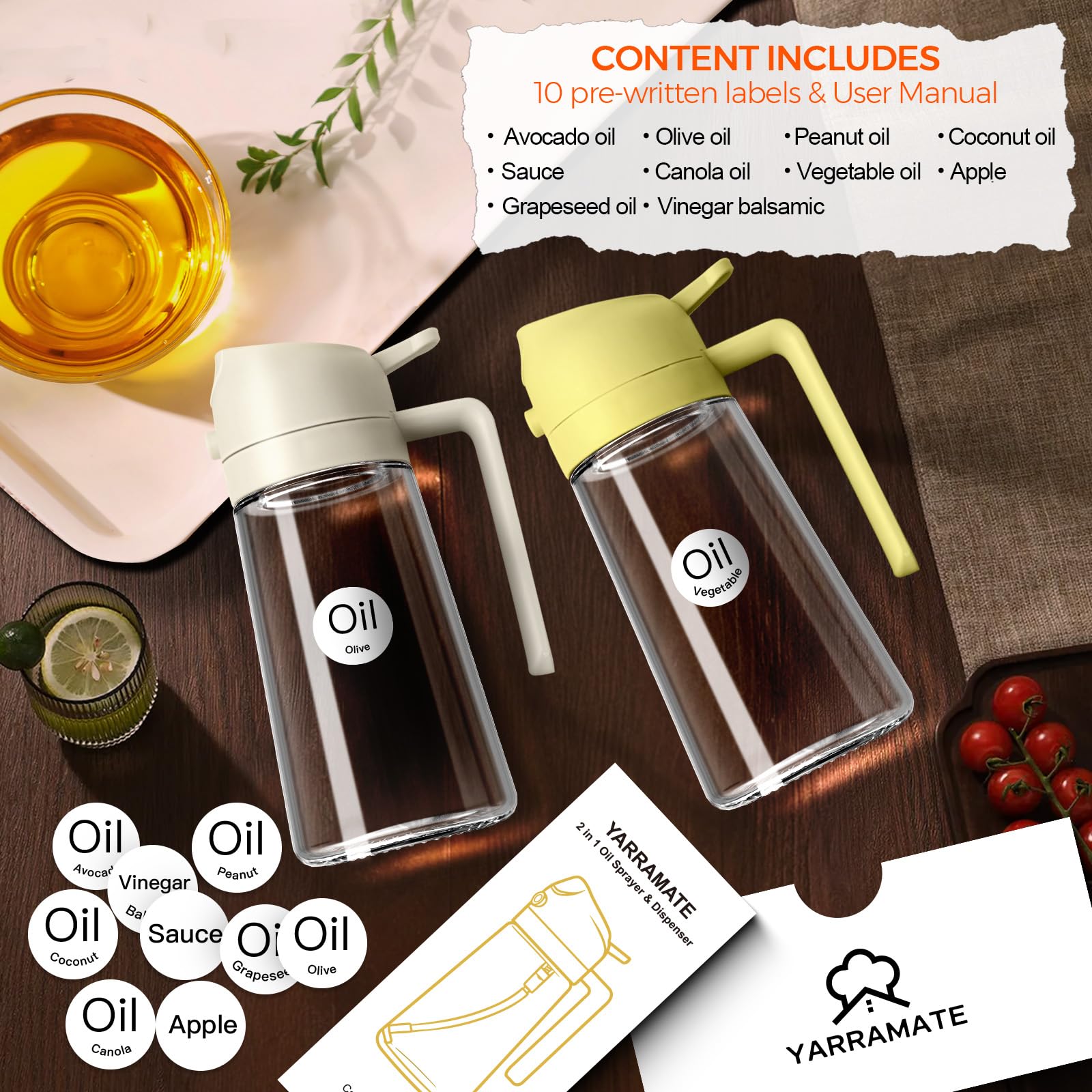 16oz 470ml Glass Olive Oil Sprayer for Cooking with Stickers