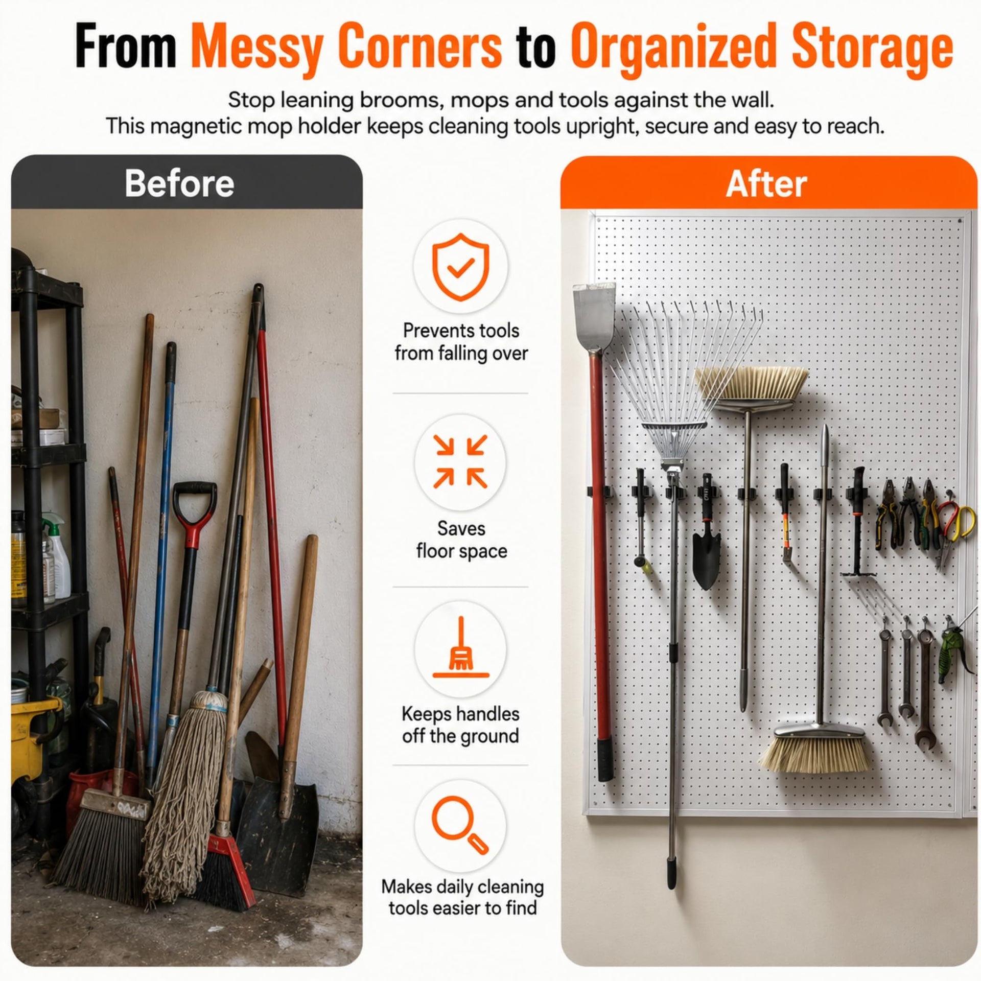 4 Pack Magnetic Broom Holder with 4 Pack Mini Magnetic Hooks (4 Count)