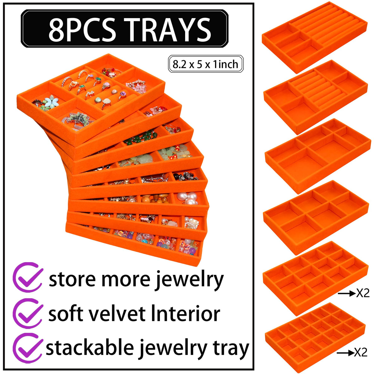 Jewelry Organizer Tray Stackable Velvet Jewelry Trays Drawer Inserts Earring Ring Necklace Organizer Display Case (8 Count)