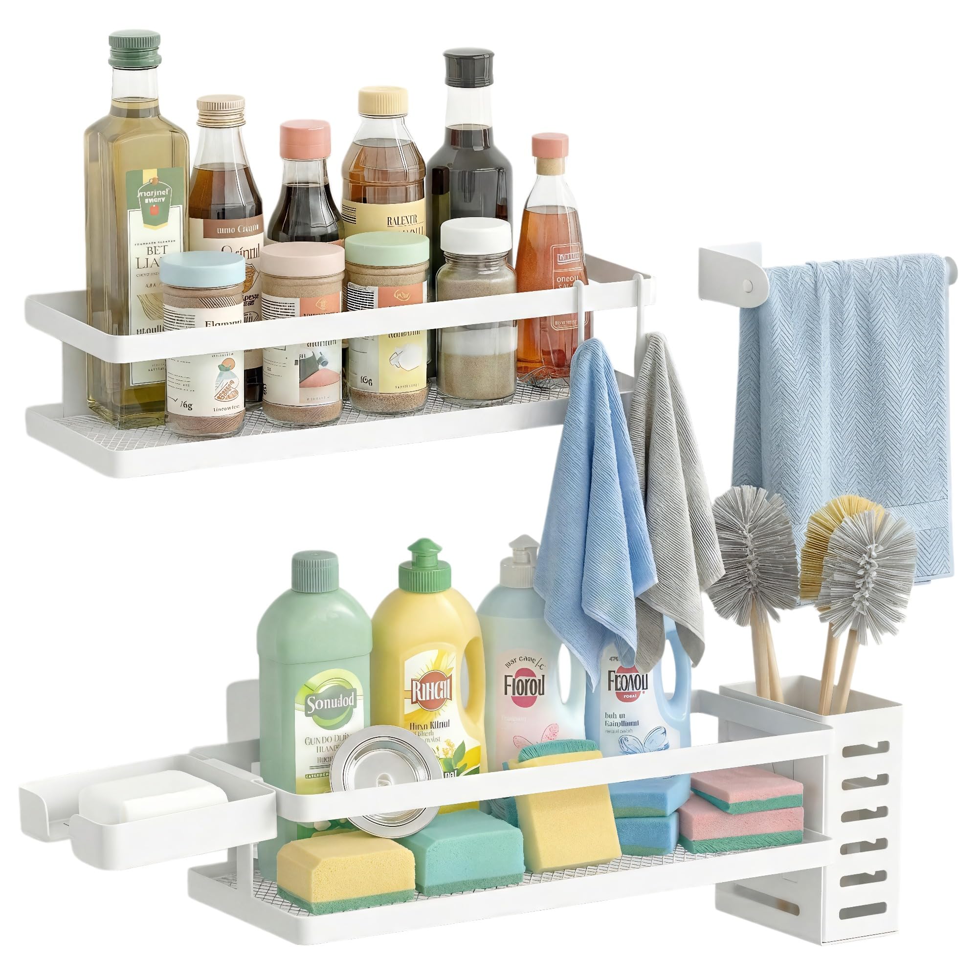 5-in-1 Shower Caddy & Kitchen Organizer Set, Wall Mount Wide Spice Rack with Paper Towel Holder, Utensil Holder, Soap Dish, Rustproof Mesh Baskets Hold 50LBS - White, Guardrail