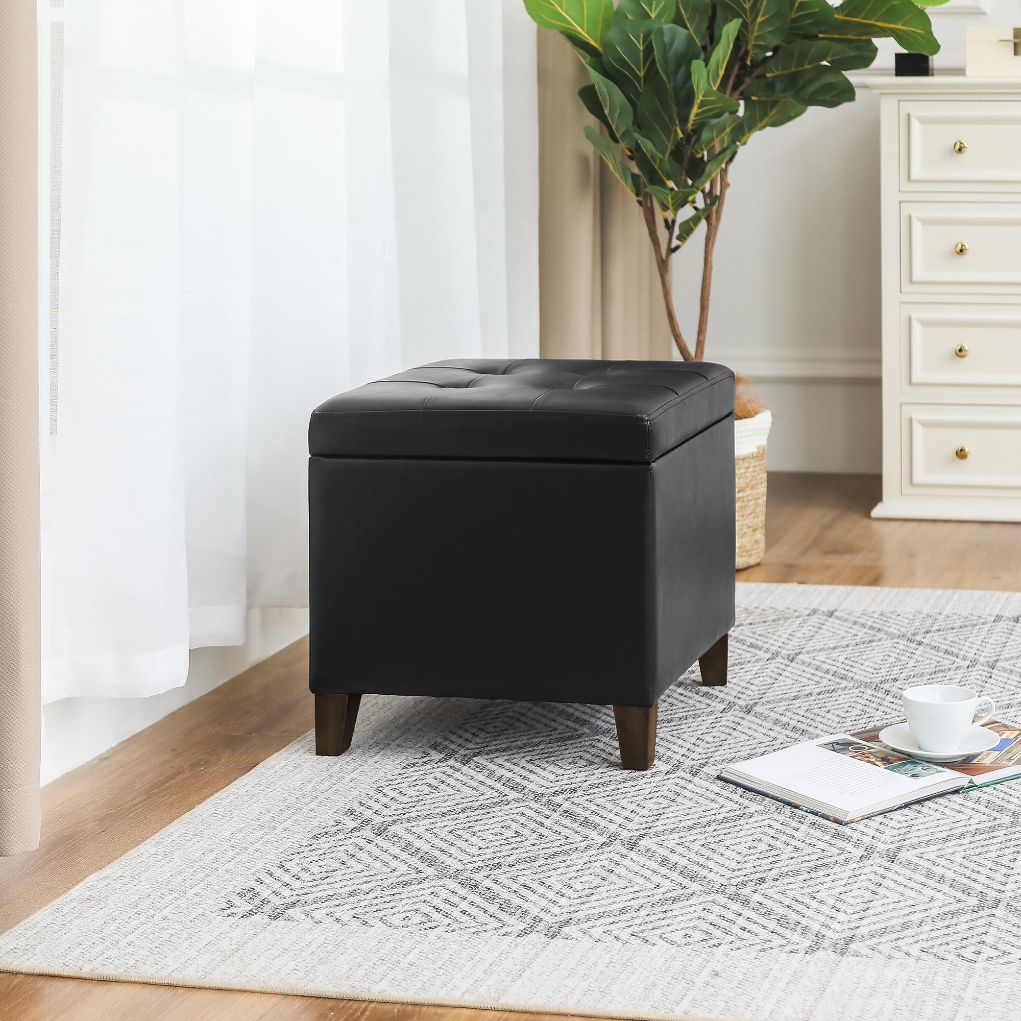 Black Faux Leather Storage Ottoman Bench with Tufted Top & Solid Wood Legs