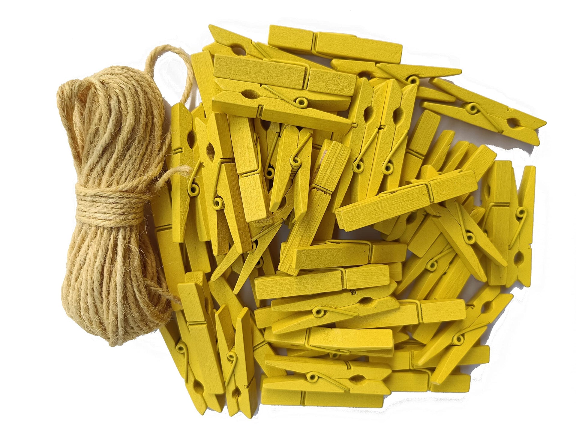 1.9" Yellow Wood Clothes Pins Easter Party Art Display Hanging Kit Place Card Holder Clothespin with Jute Rope Pack 50 (50 Count)