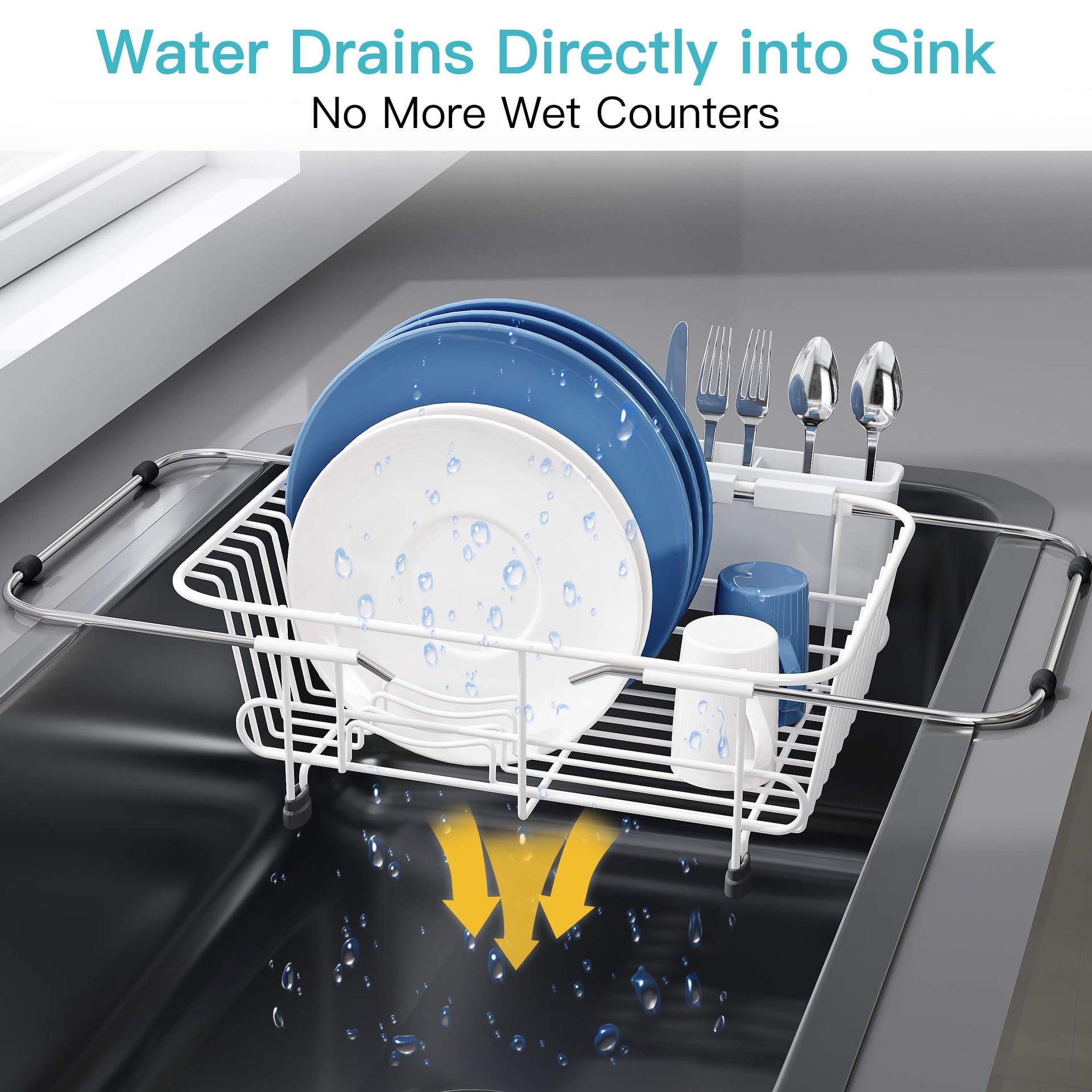 White Dish Drying Rack in Sink with Utensil Holder