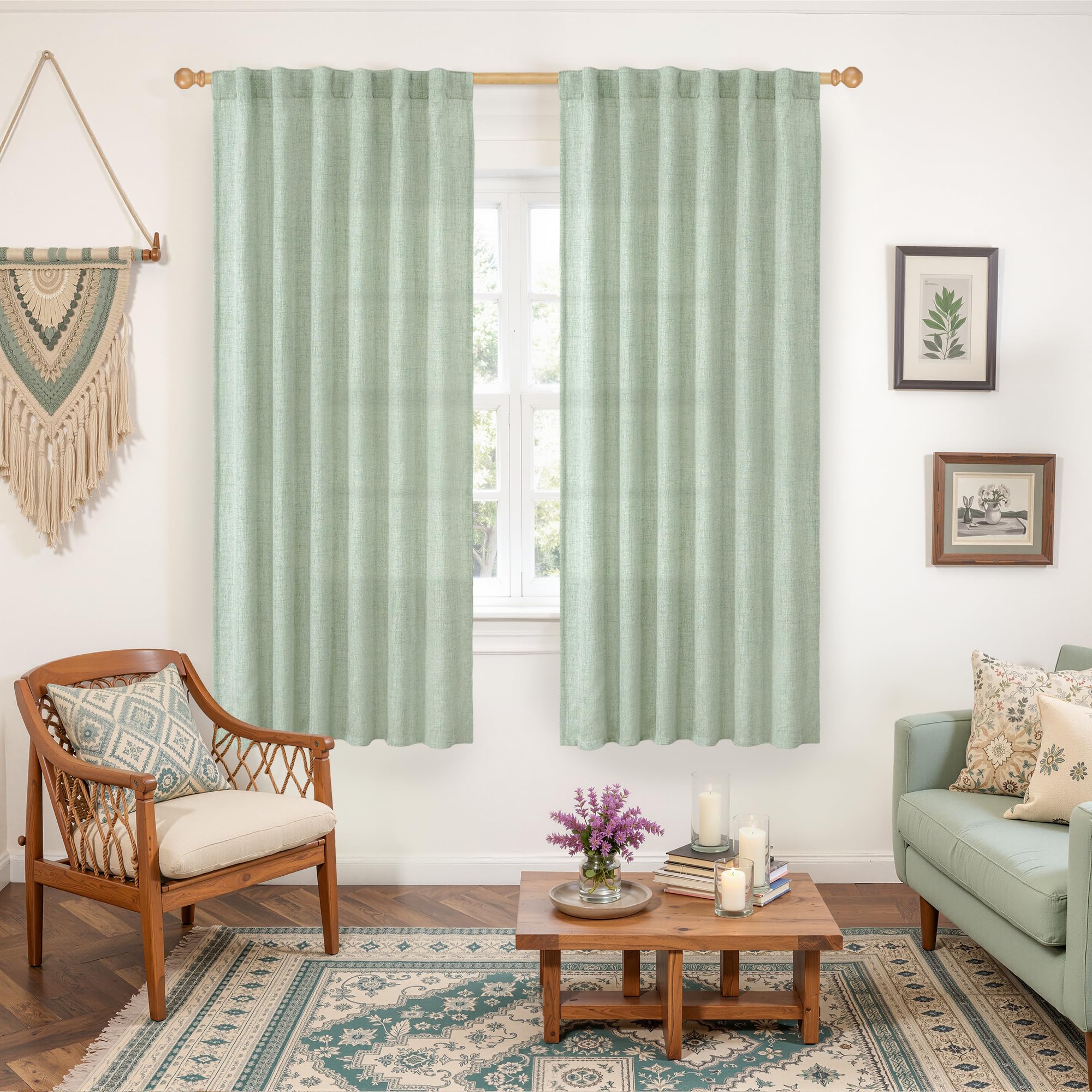 Sage Green Linen Curtains 63 Inch Length for Living Room Windows (2 Count)