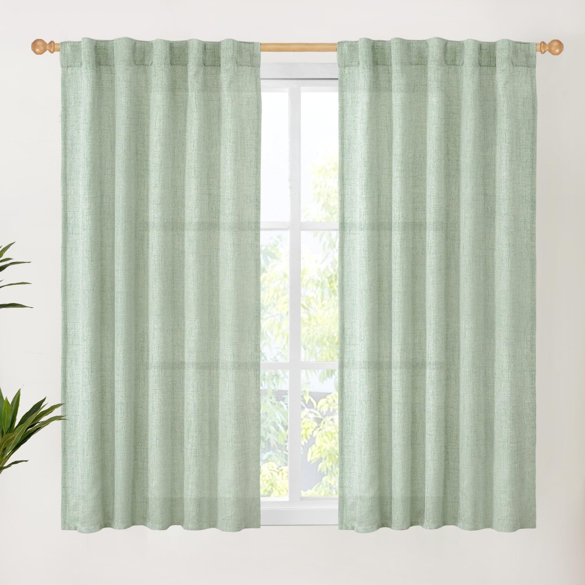 Sage Green Short Linen Curtains 48 Inch Length for Kitchen (2 Count)