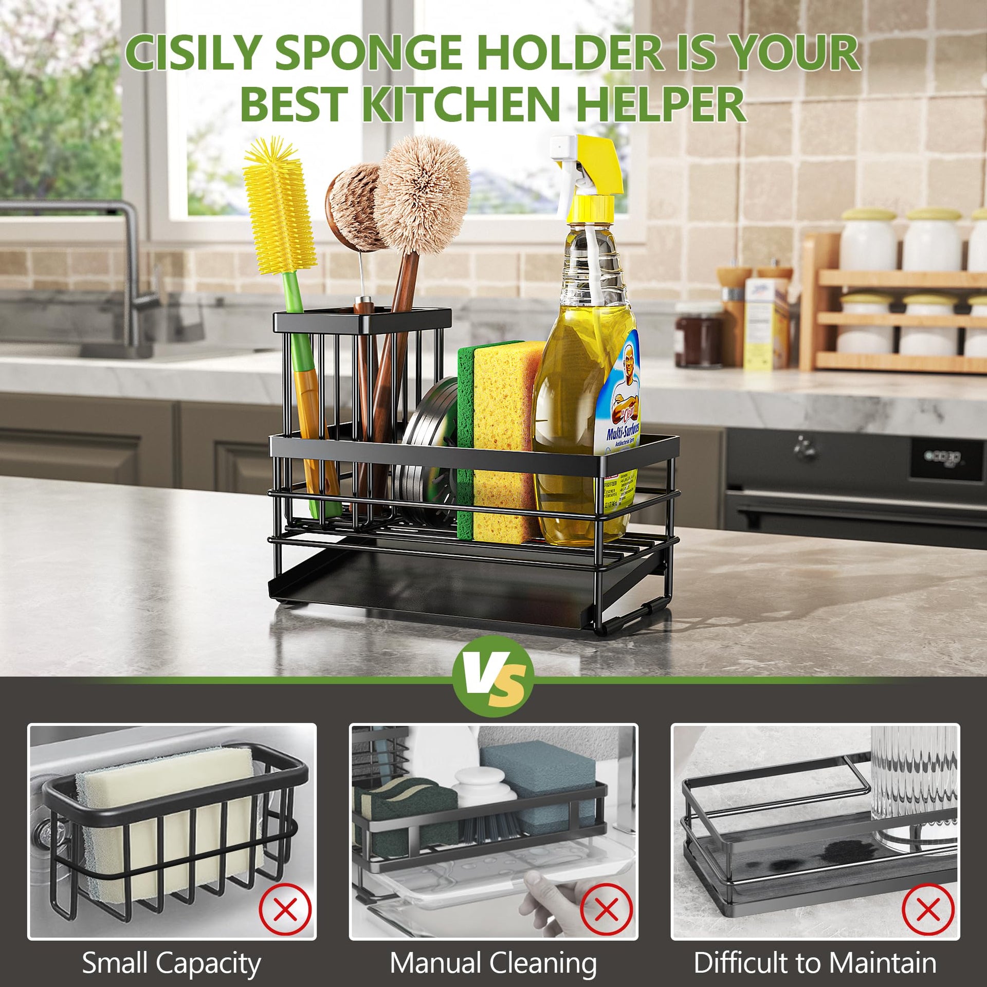 Sink Caddy Sponge Holder for Kitchen with Brush Holder and Stainless Steel Self Drain Tray