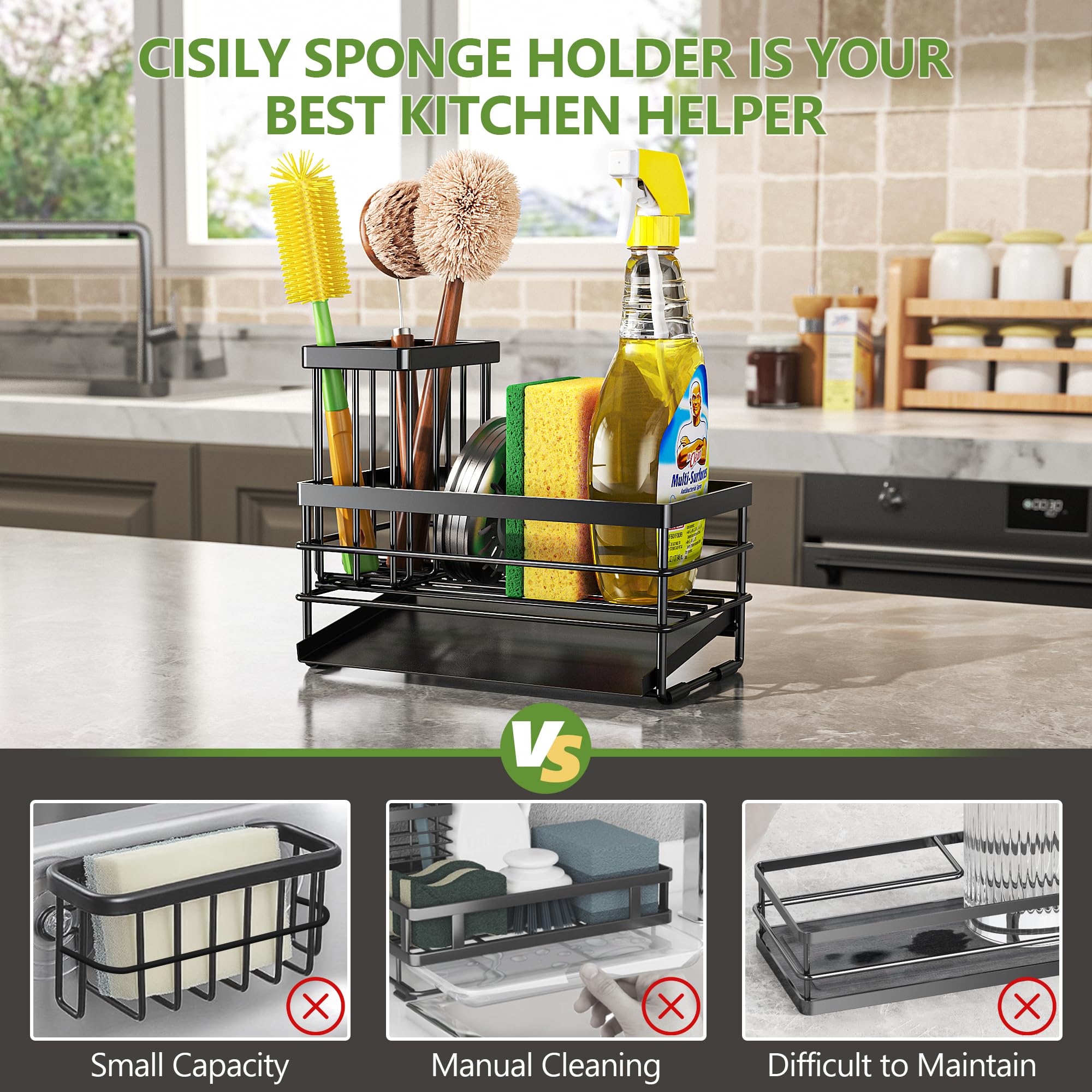 Sink Caddy Sponge Holder for Kitchen with Brush Holder and Stainless Steel Self Drain Tray