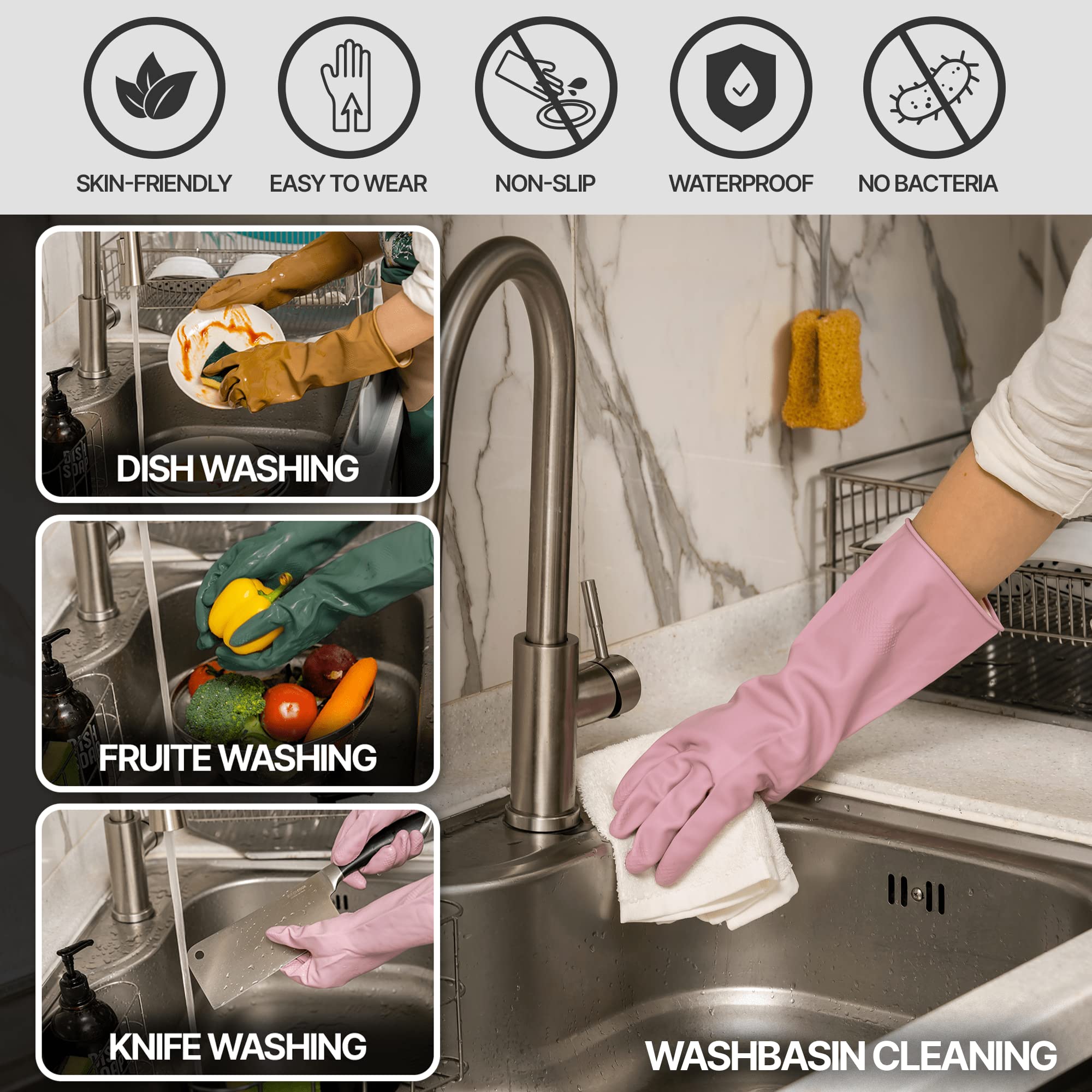 3 Pairs Colorful Rubber Dishwashing Gloves (3 Count)