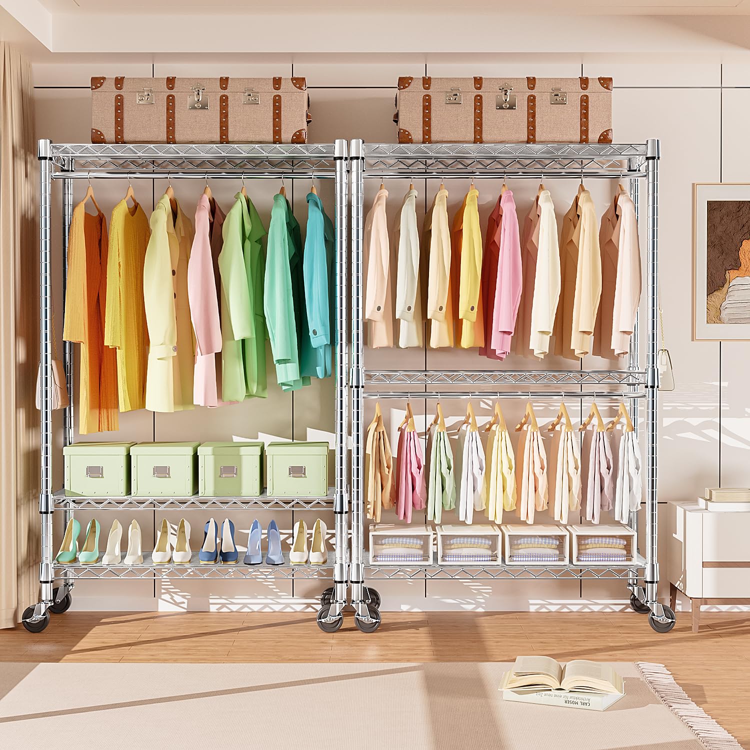 Heavy Duty Rolling Garment Rack 3 Tiers Adjustable Wire Shelving Clothes Rack with Rods and Side Hooks