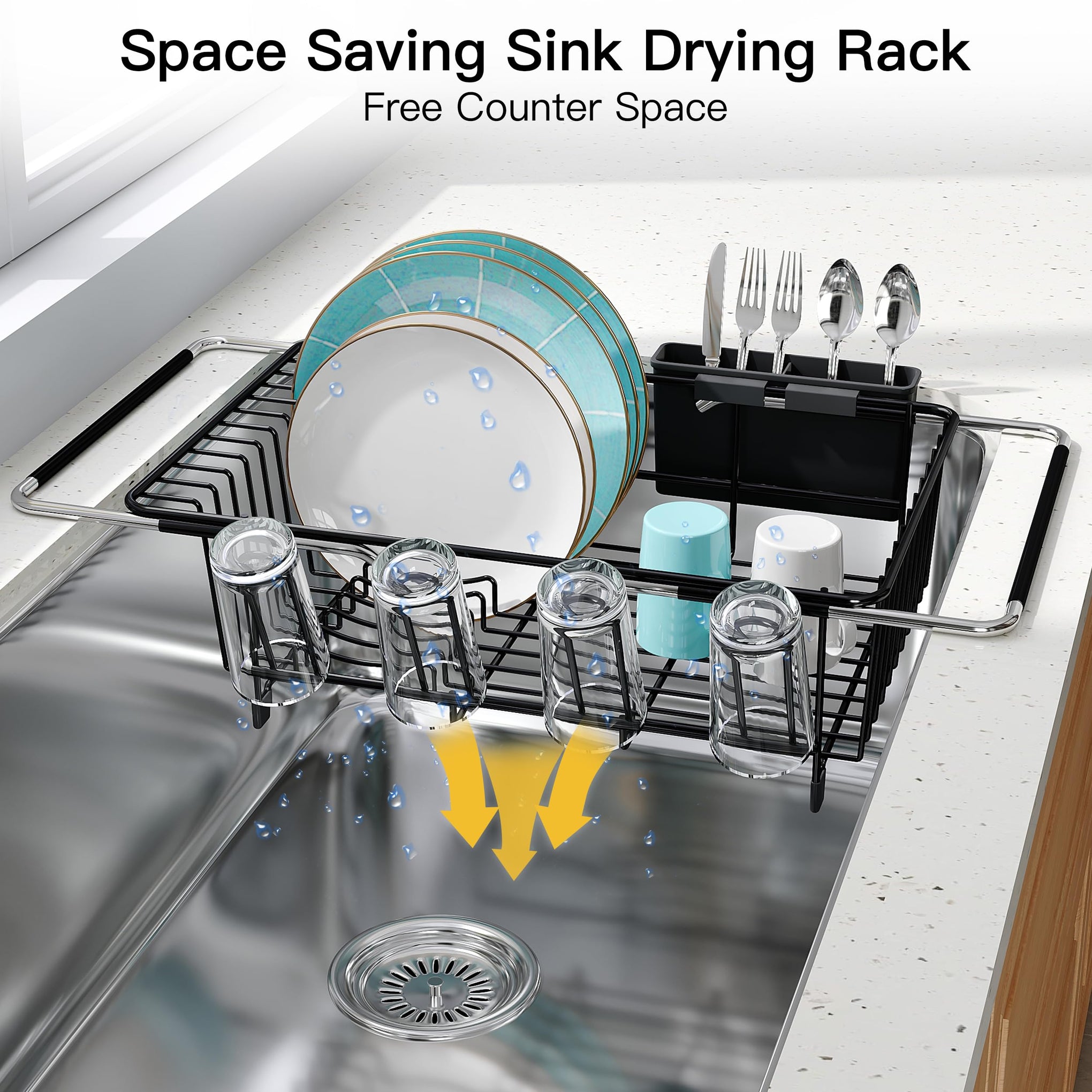 Black Dish Drying Rack in Sink with Mat
