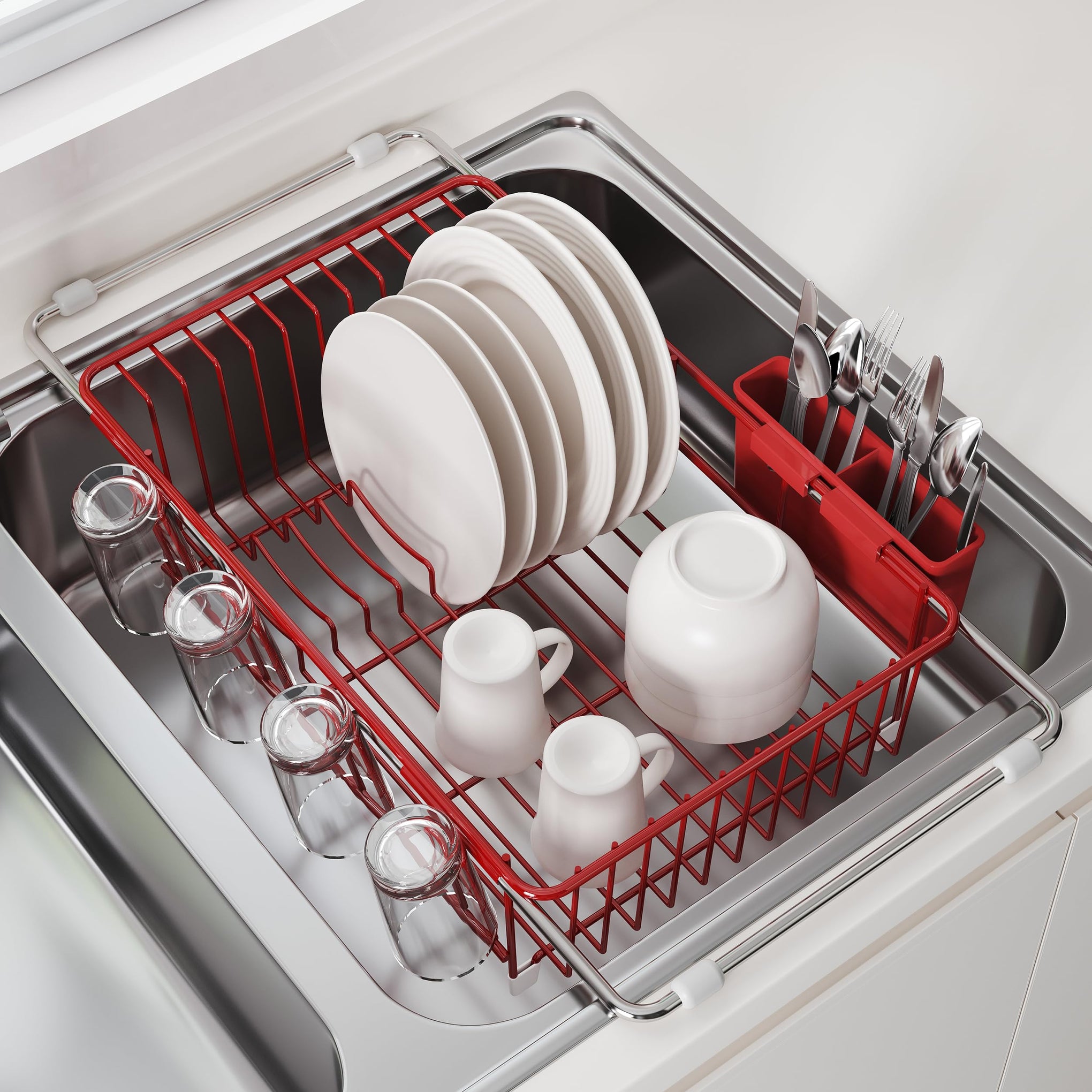 Red Dish Drying Rack in Sink