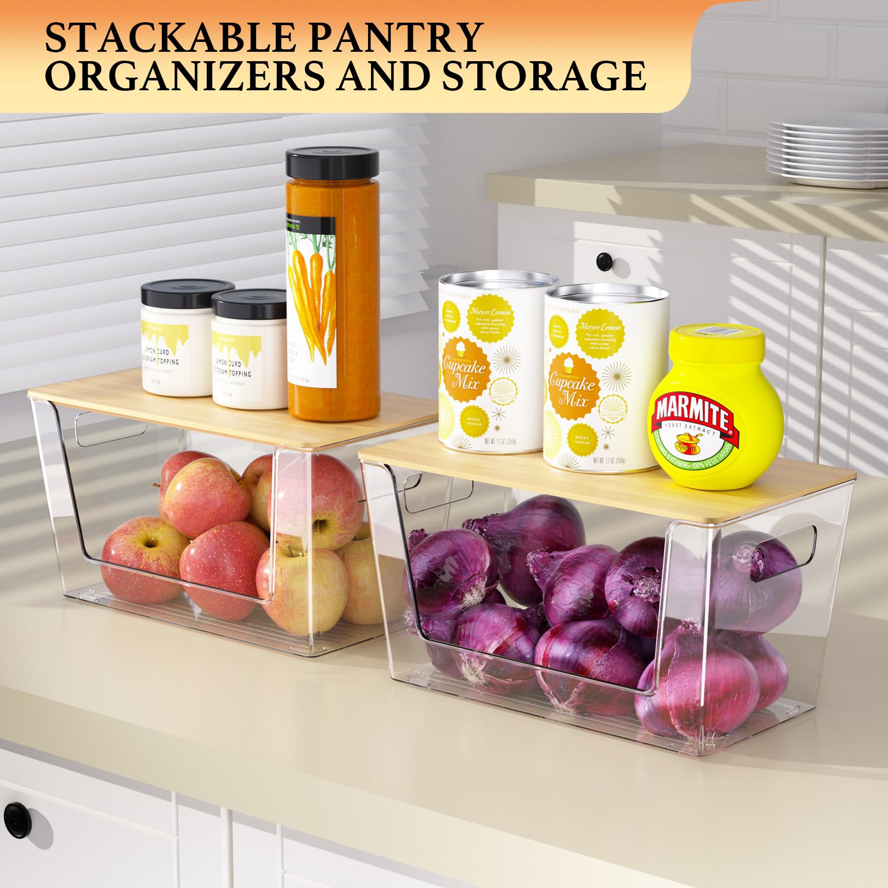 6 Pack Clear Stackable Storage Bins with Bamboo Lids (6 Count)