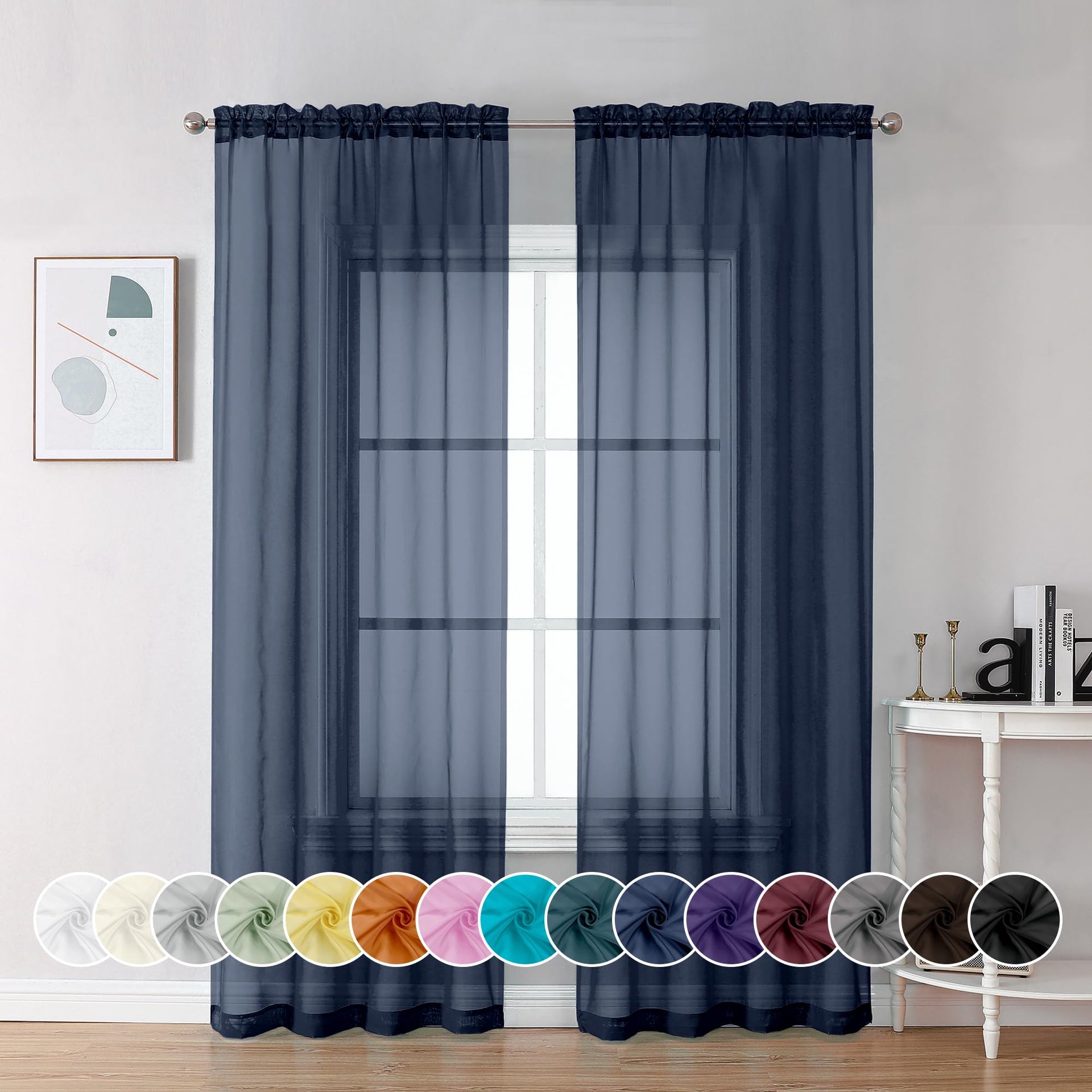 Navy Blue Sheer Curtains 84 Inches Long 2 Panels