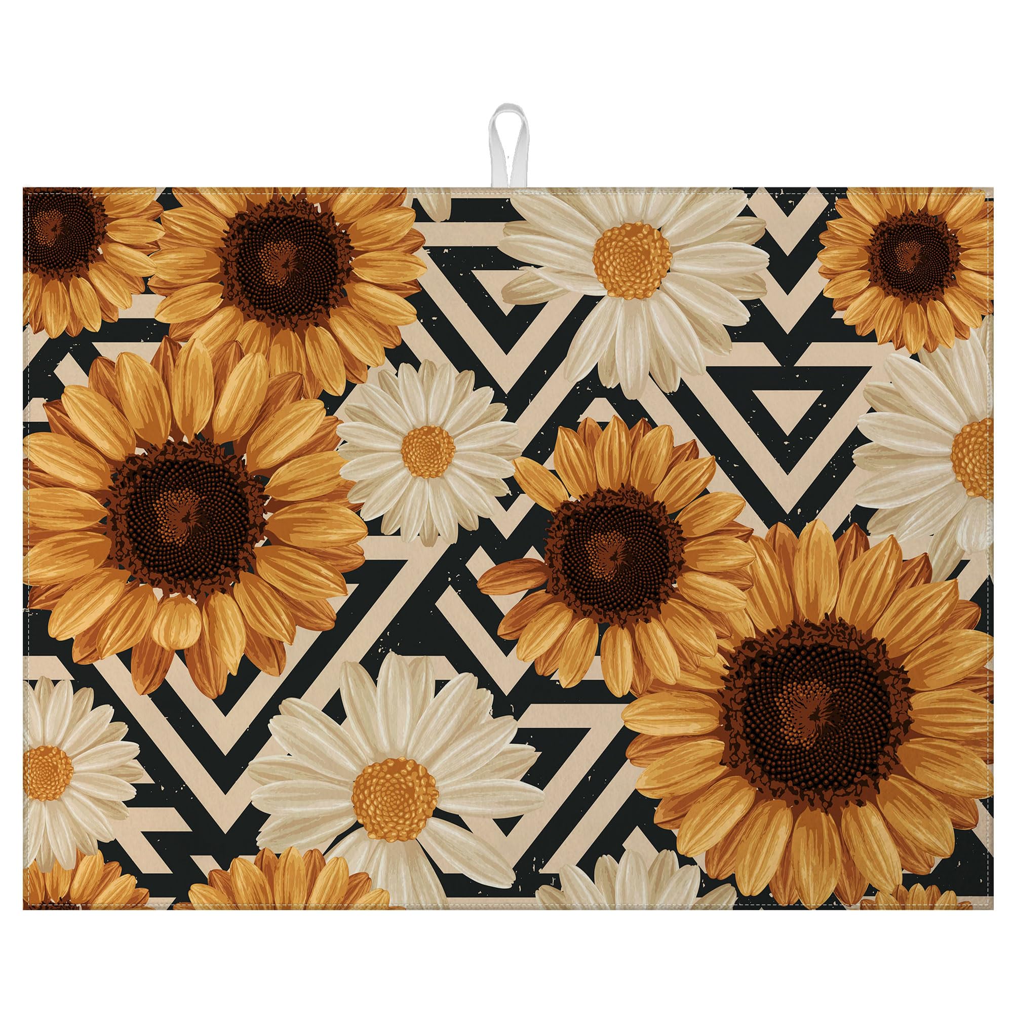 Vintage Sunflower Daisy Dish Drying Mat for Kitchen Counter Microfiber Absorbent Dish Kitchen Drying Mat Draining Reusable Washable for Dishes