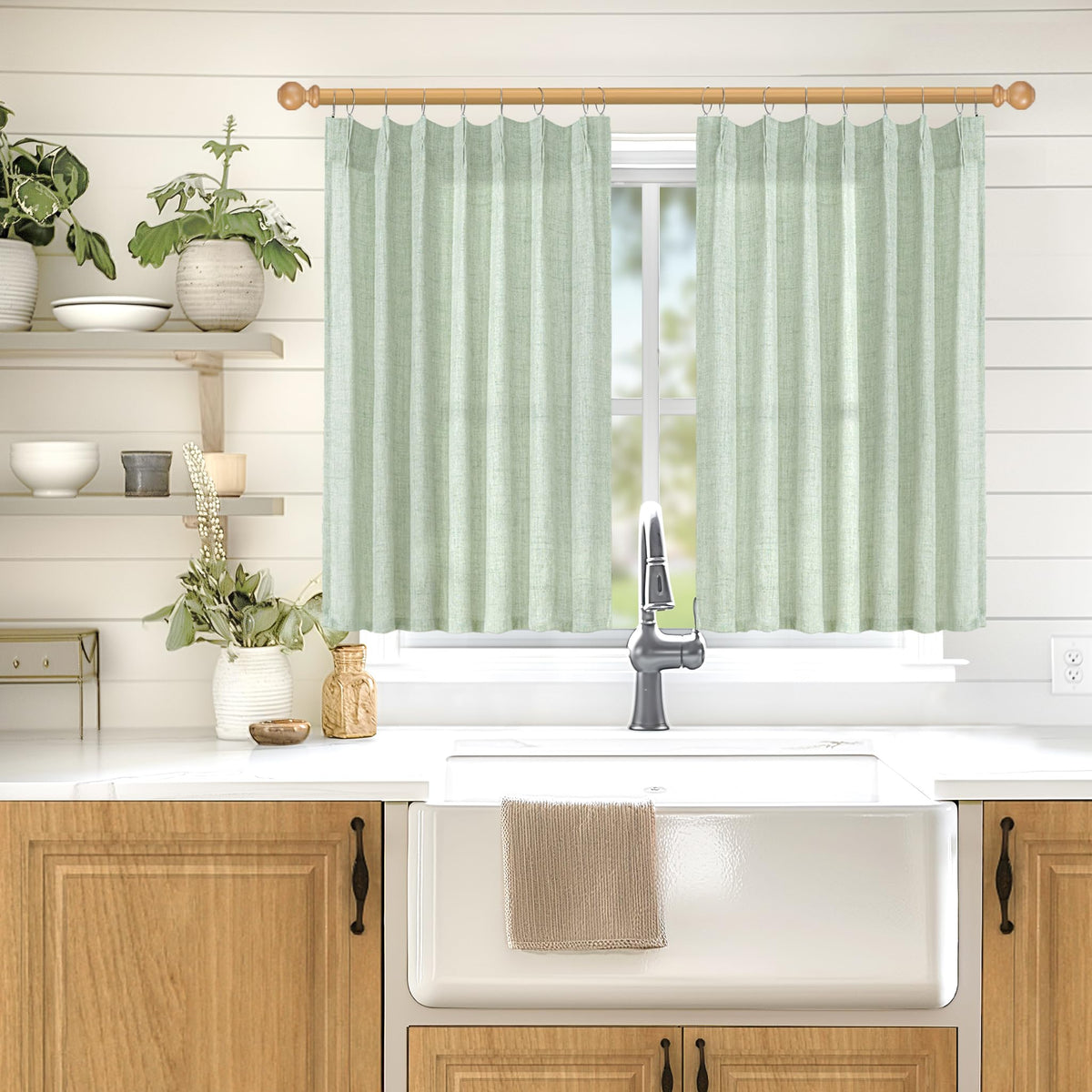 Sage Green Linen Semi Sheer Curtains 40 Inch Length for Kitchen Window (2 Count)