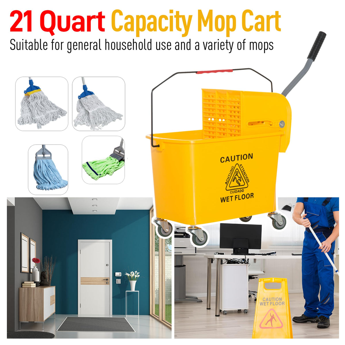 Compact Mop Bucket with Wringer on Wheels for Floor Cleaning