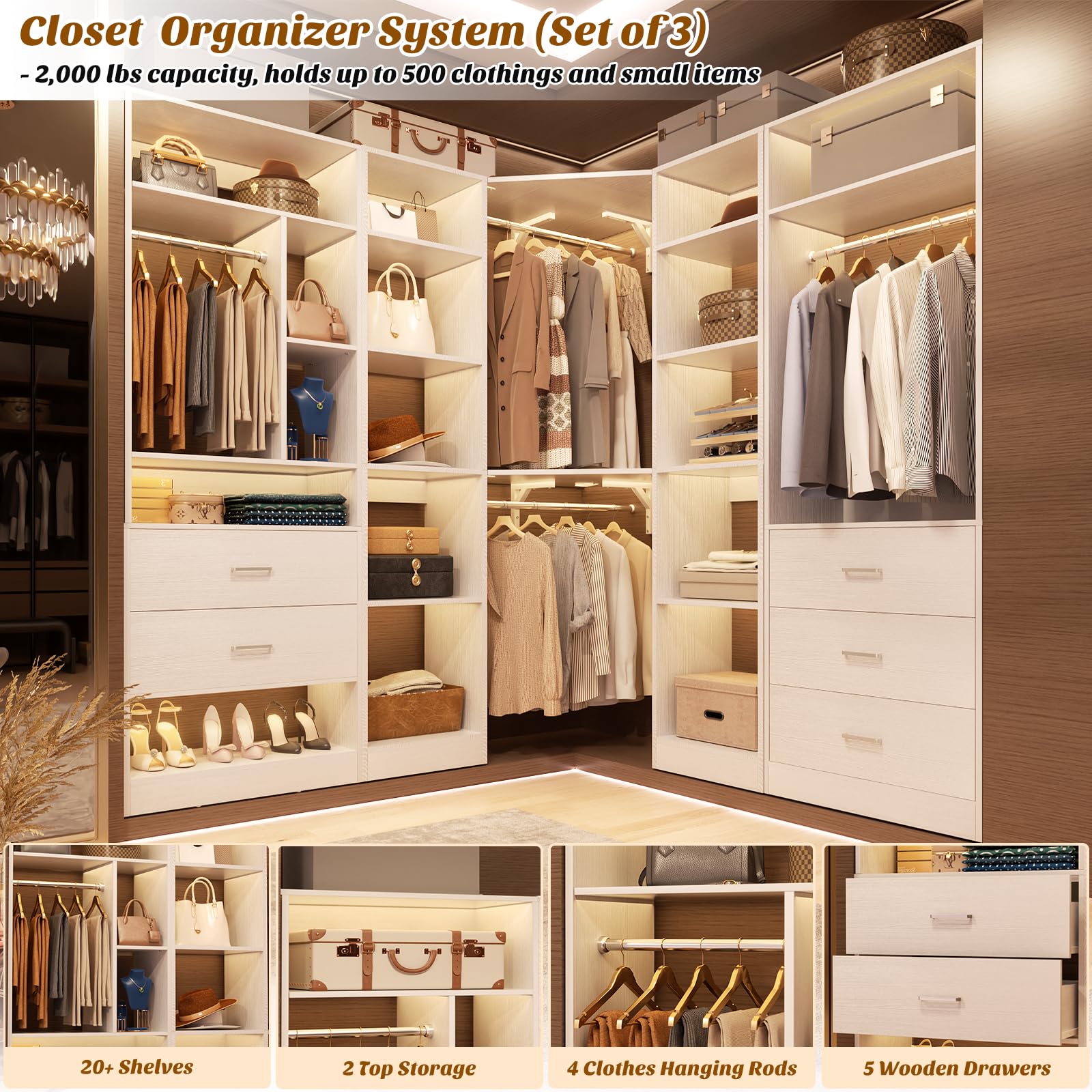 Corner Closet System with 5 Drawers