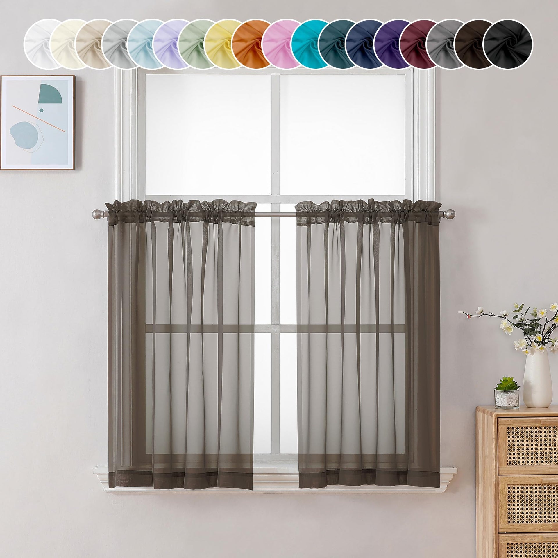 Sheer Chocolate Brown Tier Curtains 24 Inch Length (2 Count)