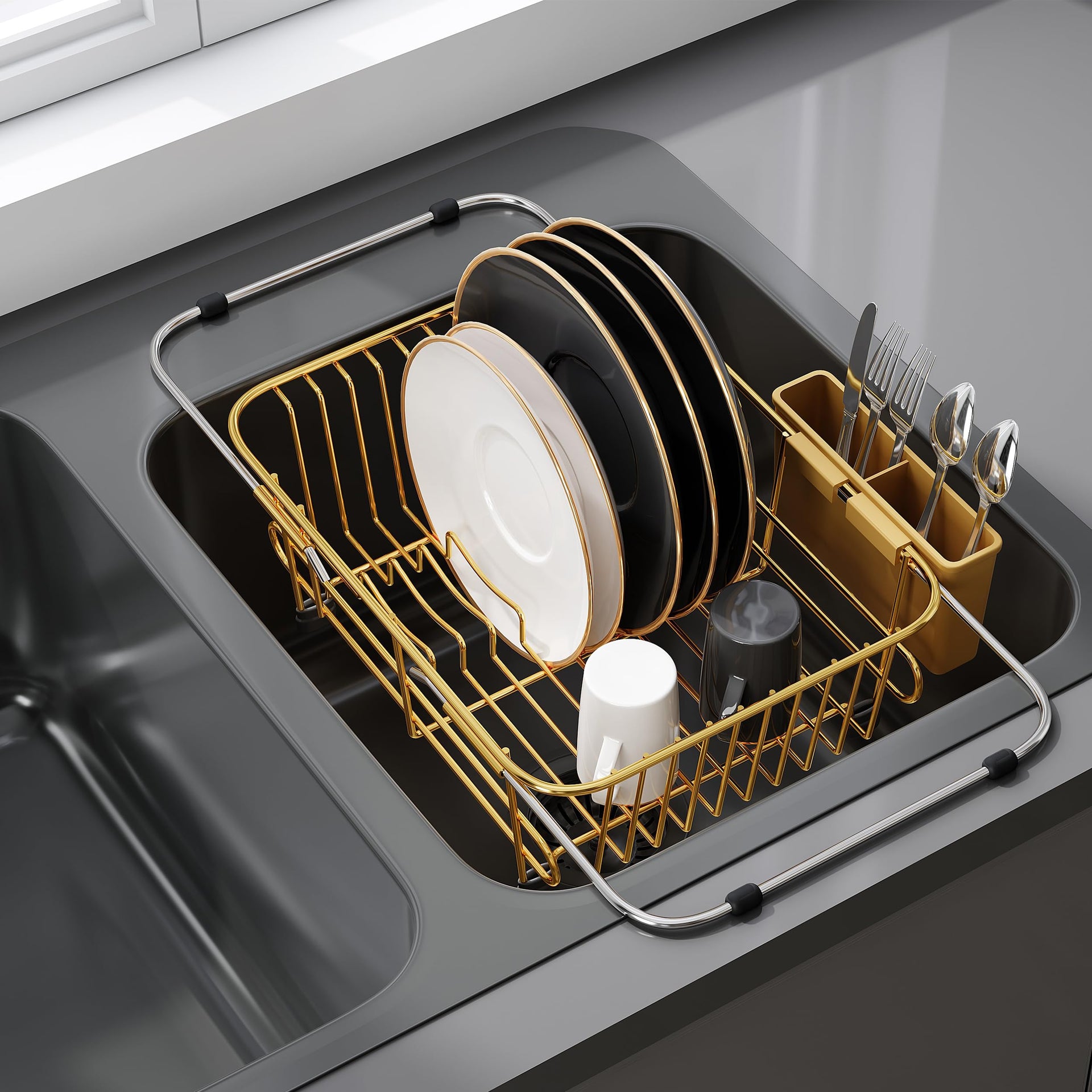 Gold Dish Drying Rack in Sink with Utensil Holder