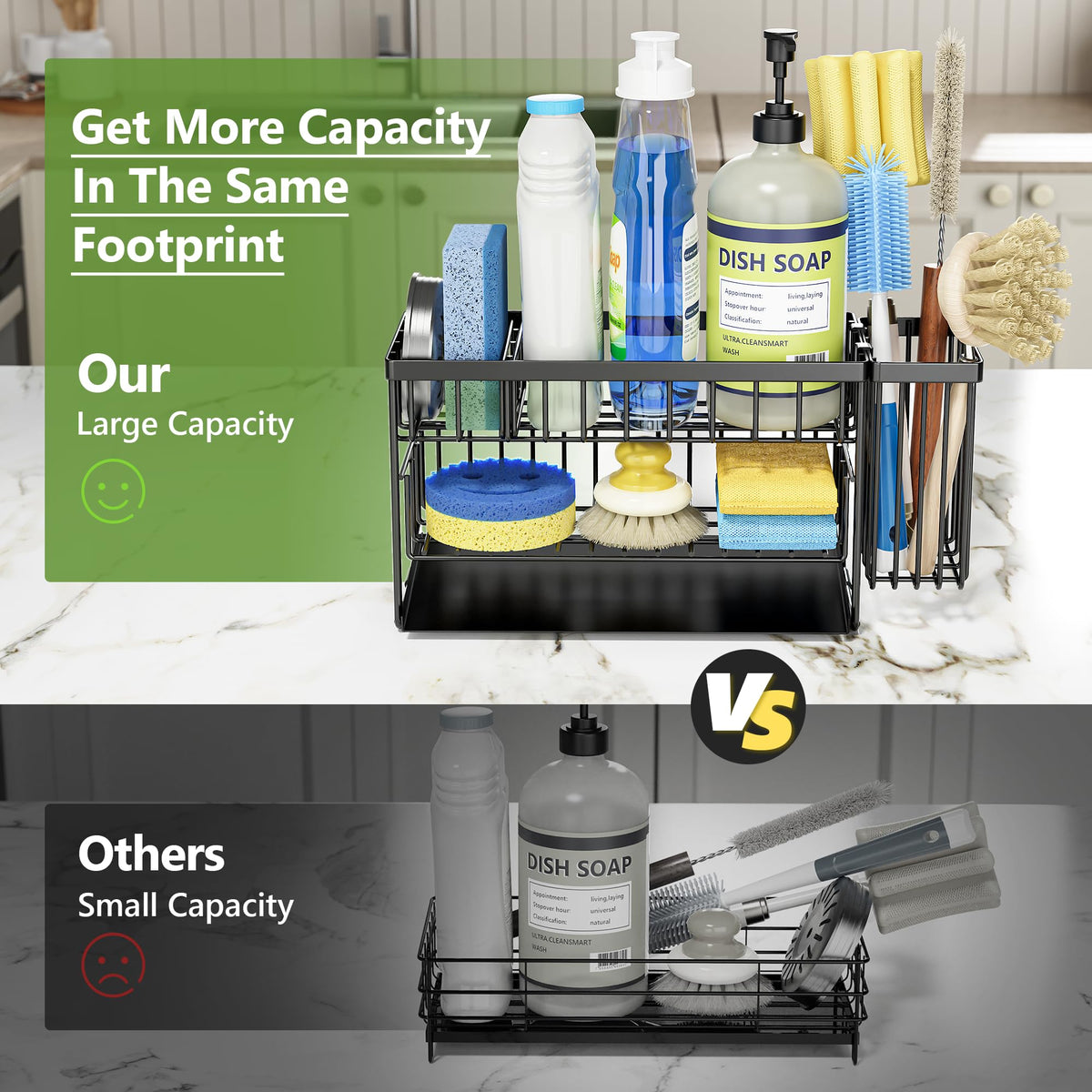 2 Tier Kitchen Sink Caddy Organzier Rack with Dish Brush Sponge Holder