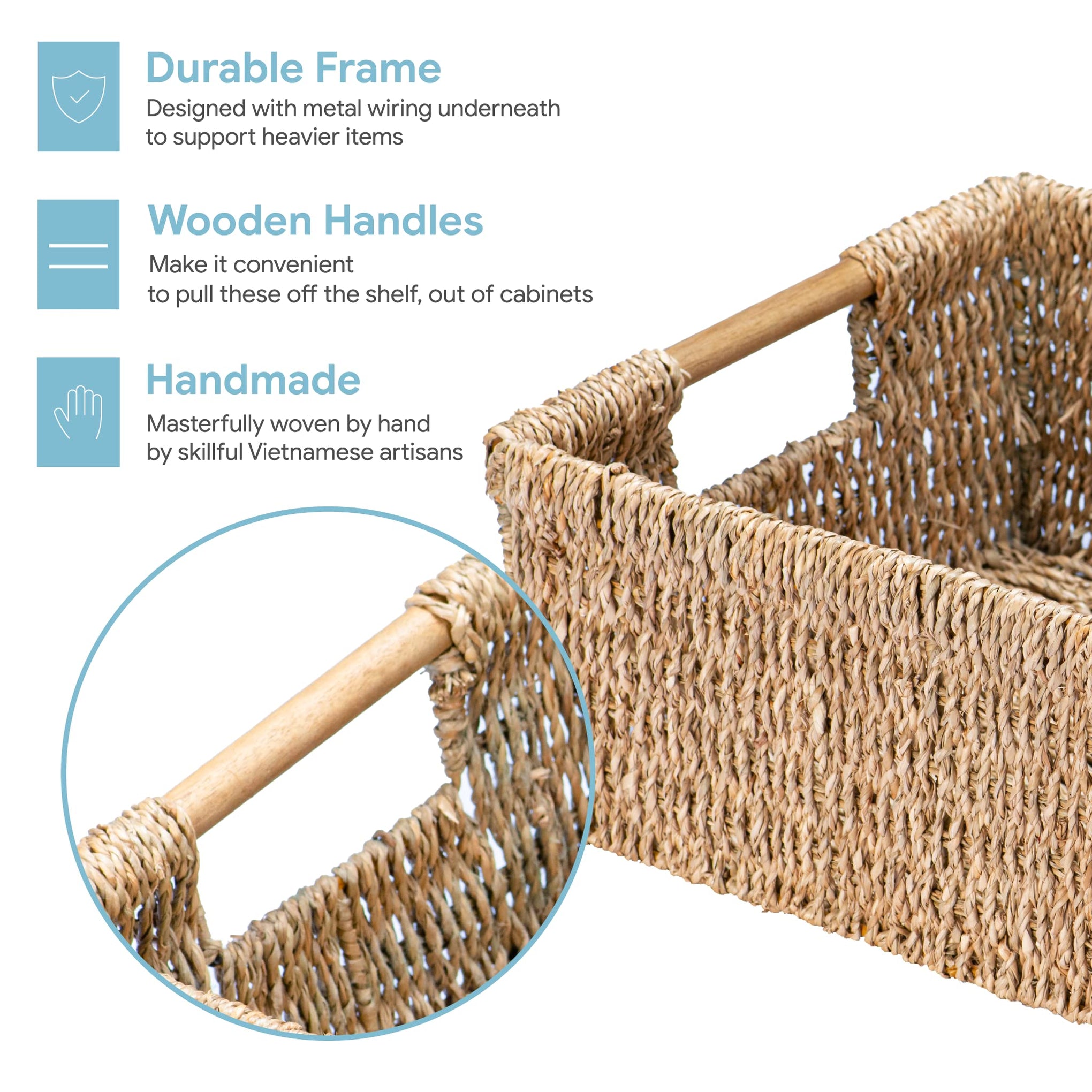 Large Natural Wicker Basket Rectangular with Wooden Handles
