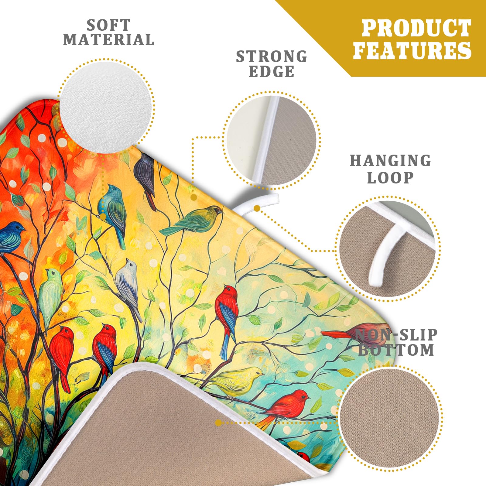 Colorful Spring Summer Tree Bird Dish Drying Mats for Kitchen Counter 16”x18” Absorbent Reversible Microfiber Spring Floral Dish Drying Pad Seasonal Flowers Mat Dish Draining Mat for Countertop Decor