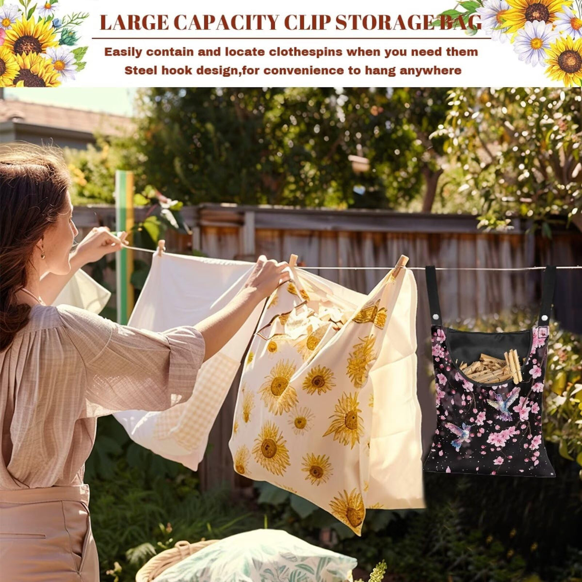 Waterproof Clothespin Bag with Hanger Hook Cherry Blossom Hummingbird