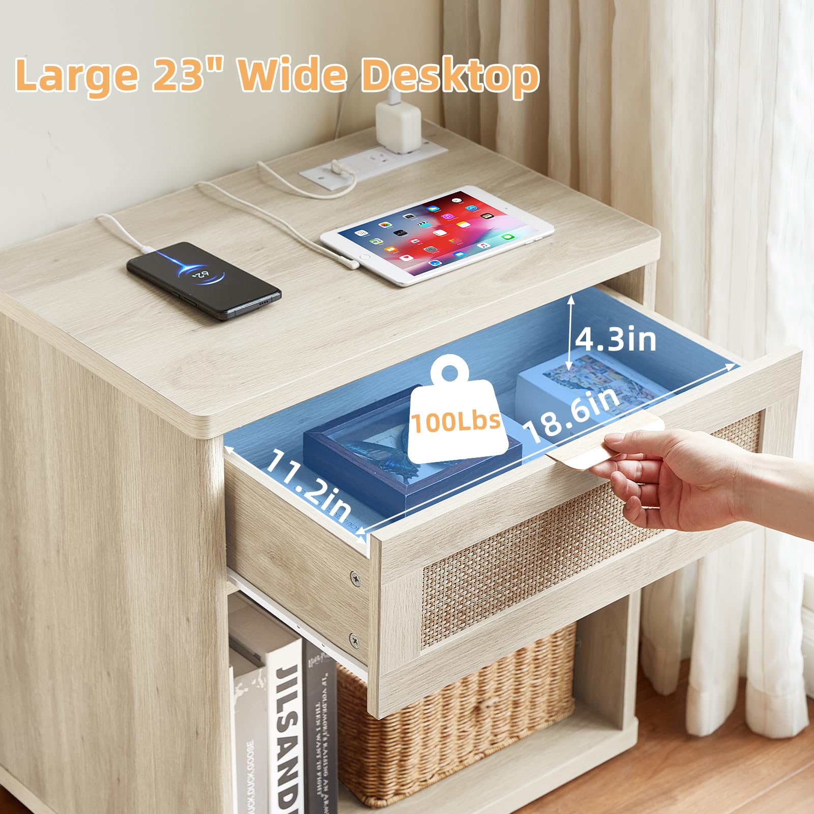 Rattan Nightstands Set of 2 with Charging Station (2 Count)