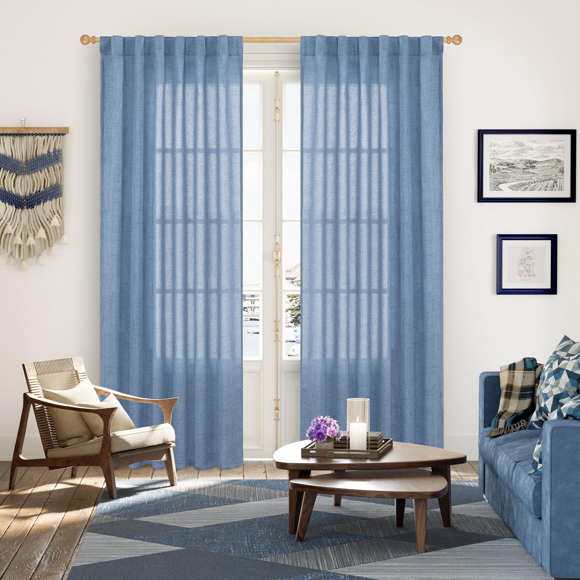 Light Blue Linen Semi Sheer Curtains 84 Inch Long for Living Room (2 Count)