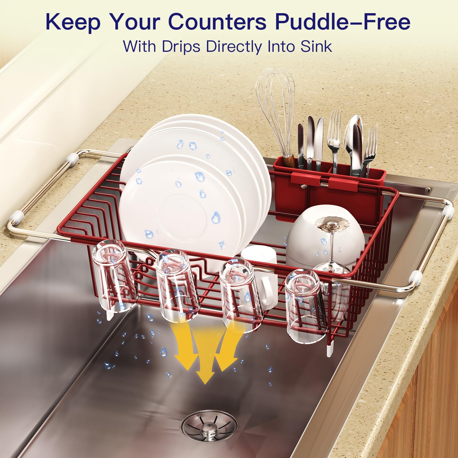 Red Dish Drying Rack Over The Sink with Utensil Holder
