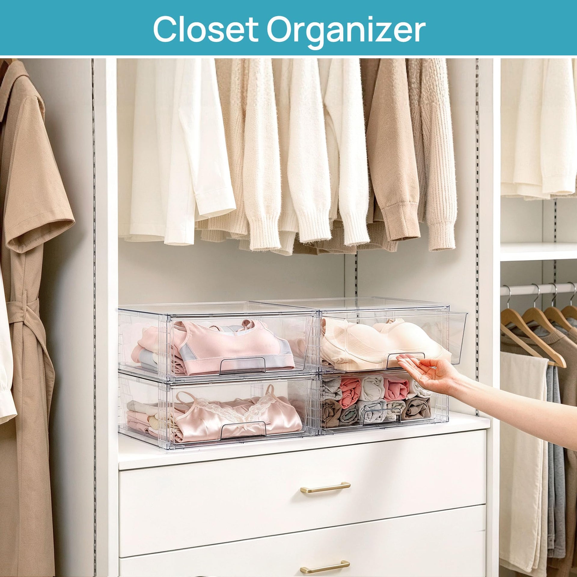 3 Pack Large Clear Stackable Storage Drawers for Closet (3 Count)