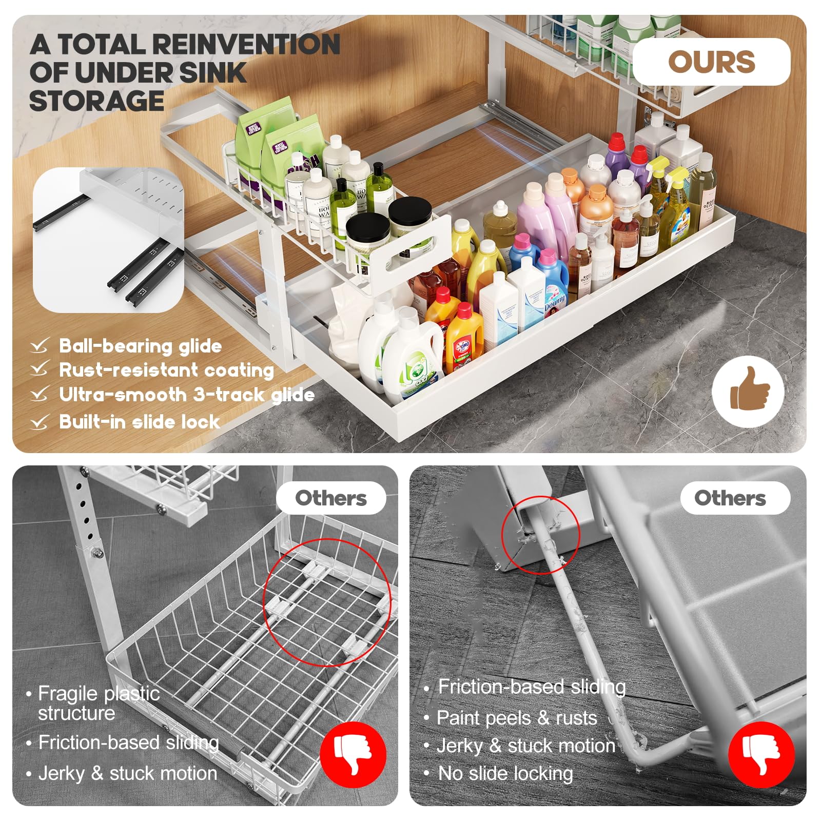1 Pack-19"-32"W Expandable Under Sink Organizer With Upgrade Ball-Bearing Slide,2-Tier Pull Out Under Cabinet Organizer Height Adjustable,Not Suitable For Cabinets With Partitions In The Middle