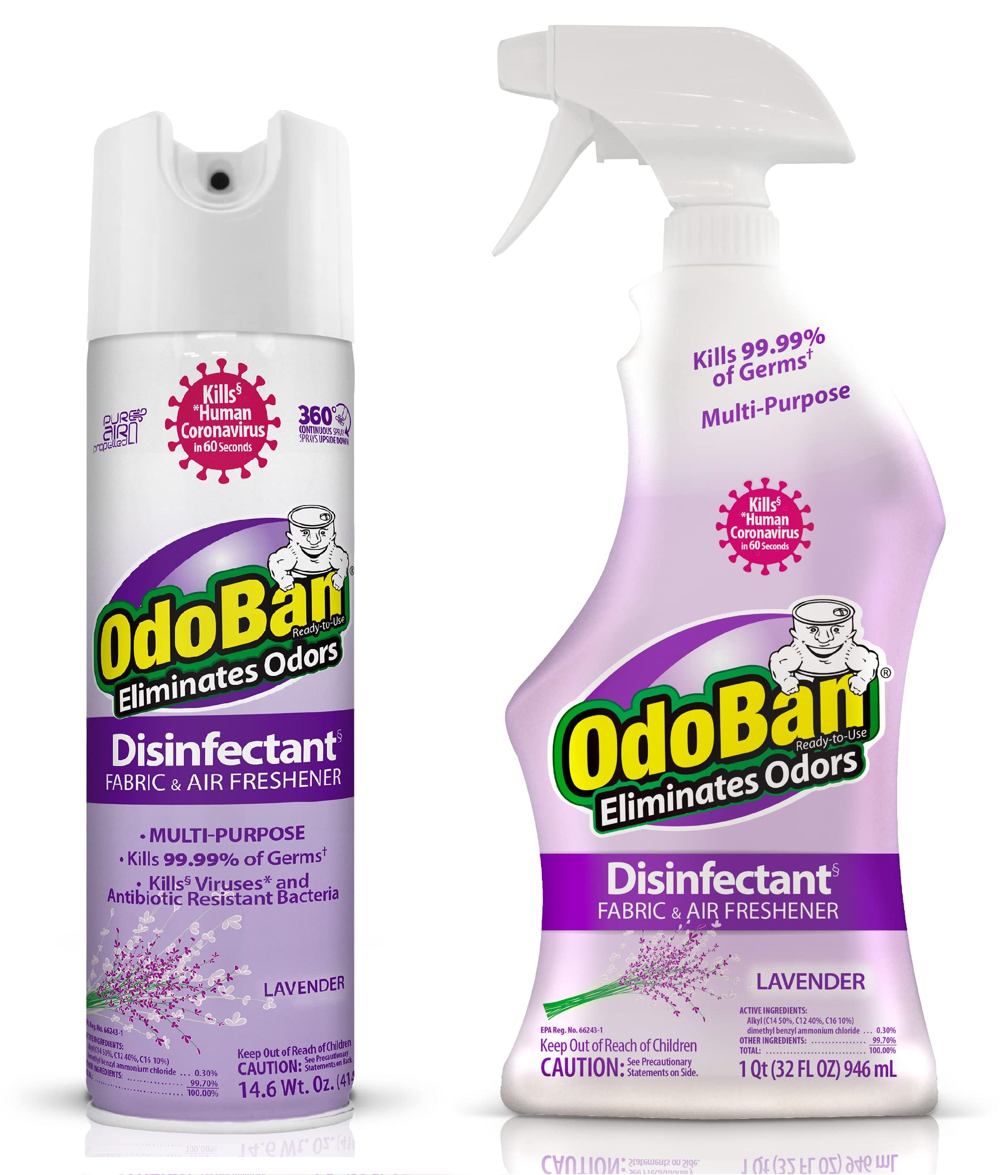 Ready-to-Use Disinfectant and Harsh Aroma Eliminator, Cleaner and Fabric/Air Freshener, Set of 2, 14.6 Ounce 360-Degree Continuous Spray and 32 Ounce Trigger Spray, Lavender Scent (46.6 Fl Oz)