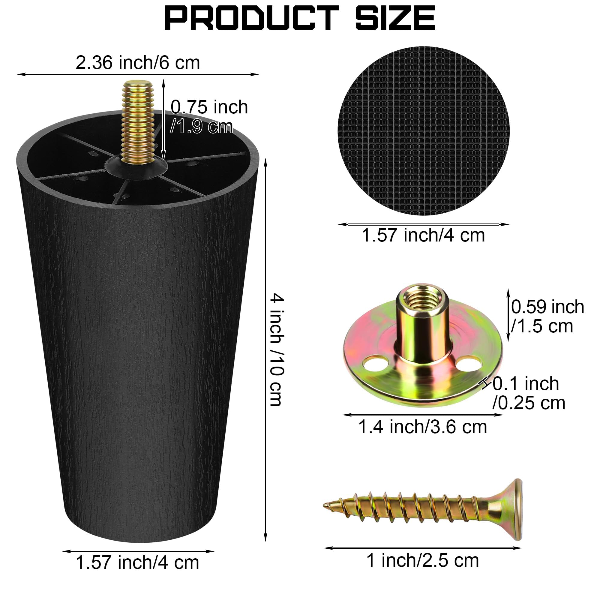 16 Pack 4 Inch Plastic Furniture Legs with M8 T (16 Count)