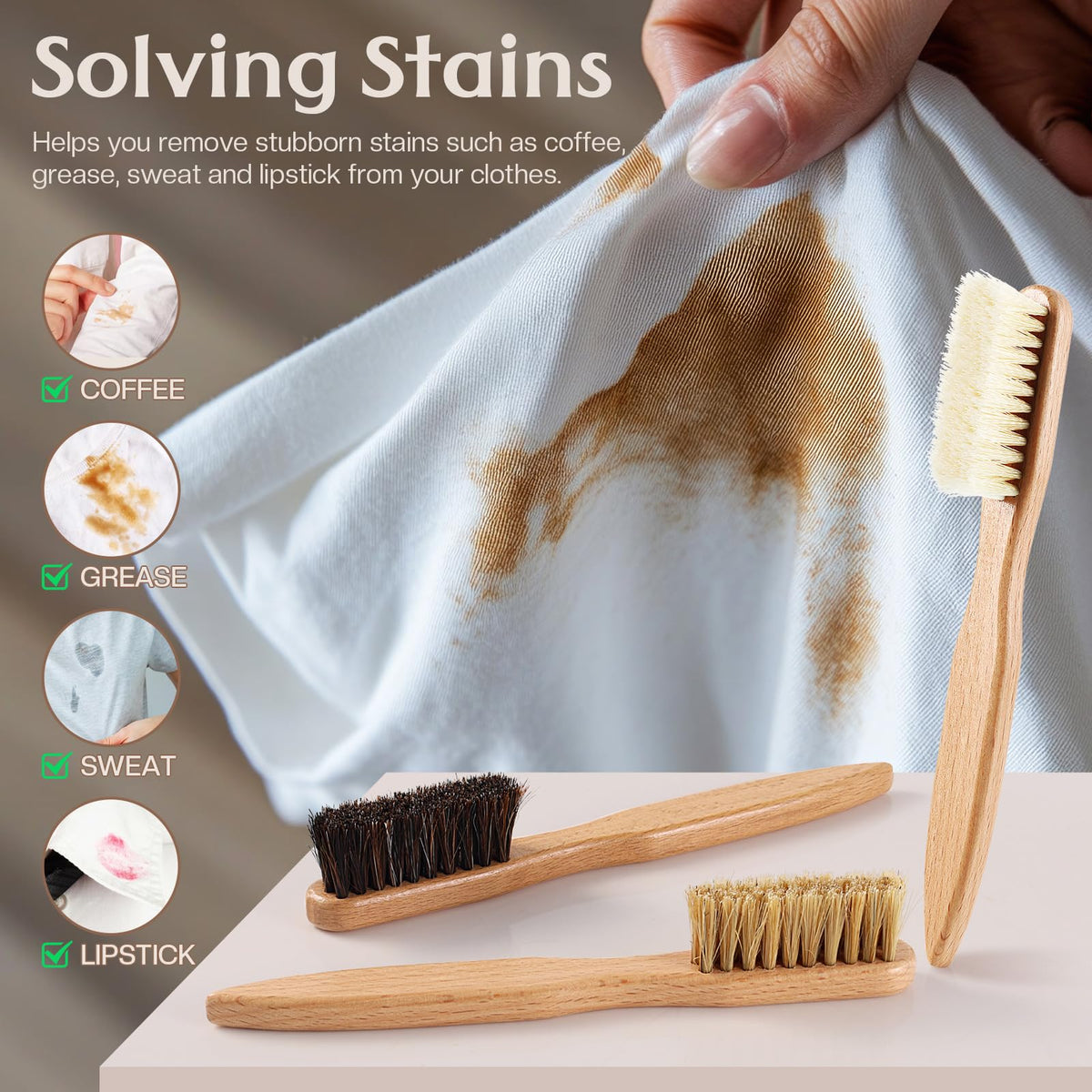 3 Pcs Wood Laundry Stain Brush Stain Remover Brushes with Boar Bristle Small Stain Brush for Clothes for Scrubbing Stains from Furniture Fabric Leather (3 Count)
