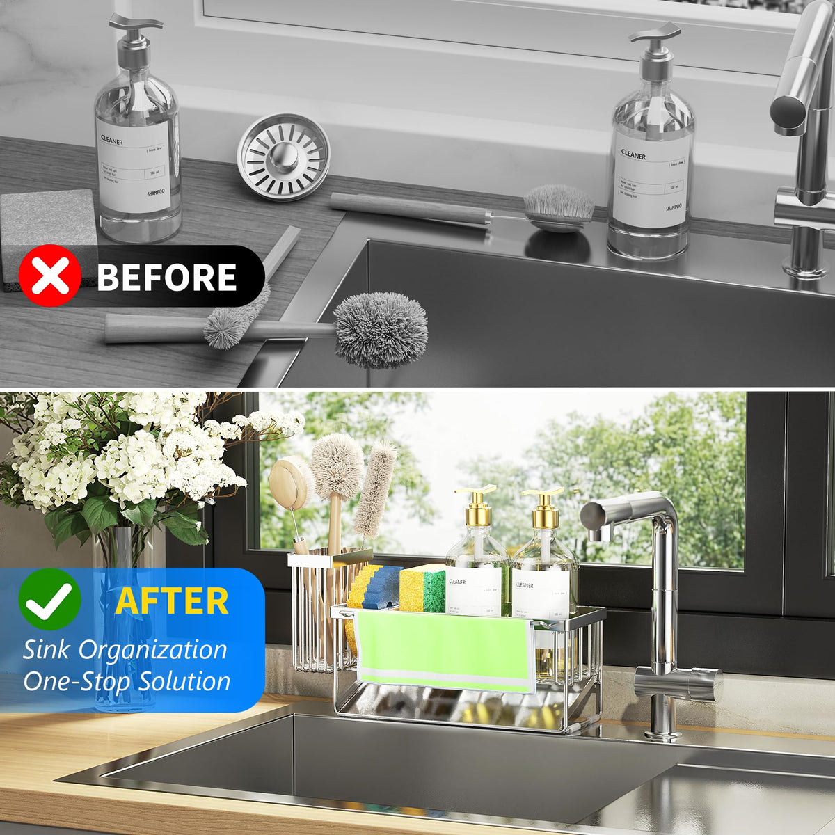 Kitchen Sink Caddy Organzier with High Brush Holder