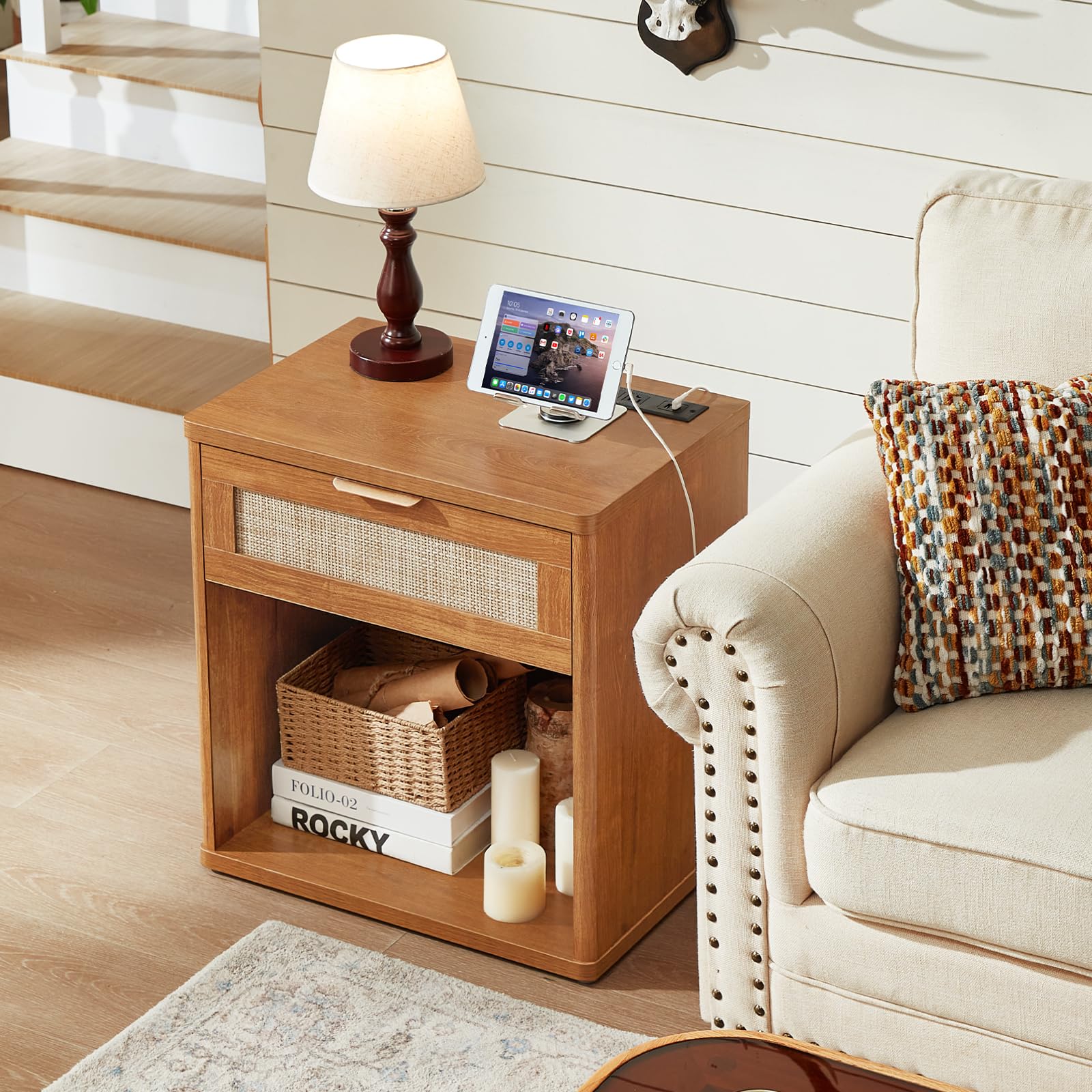 Rattan Nightstand with Charging Station