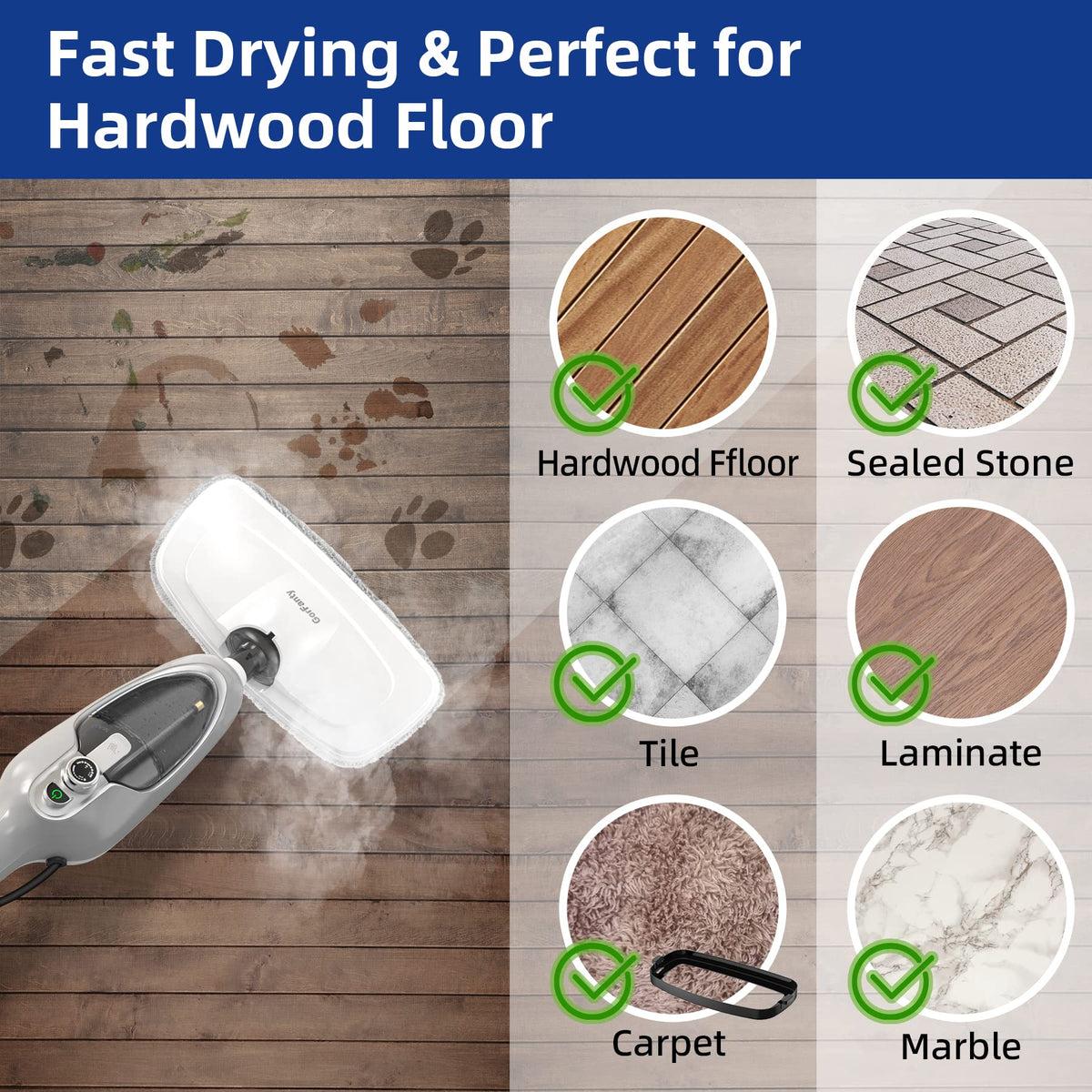 Steam Mop - 10-in-1 MultiPurpose Handheld Steam Cleaner Detachable Floor Steamer for Hardwood/Tile/Laminate Floors Carpet with 11 Accessories for Whole Home Use