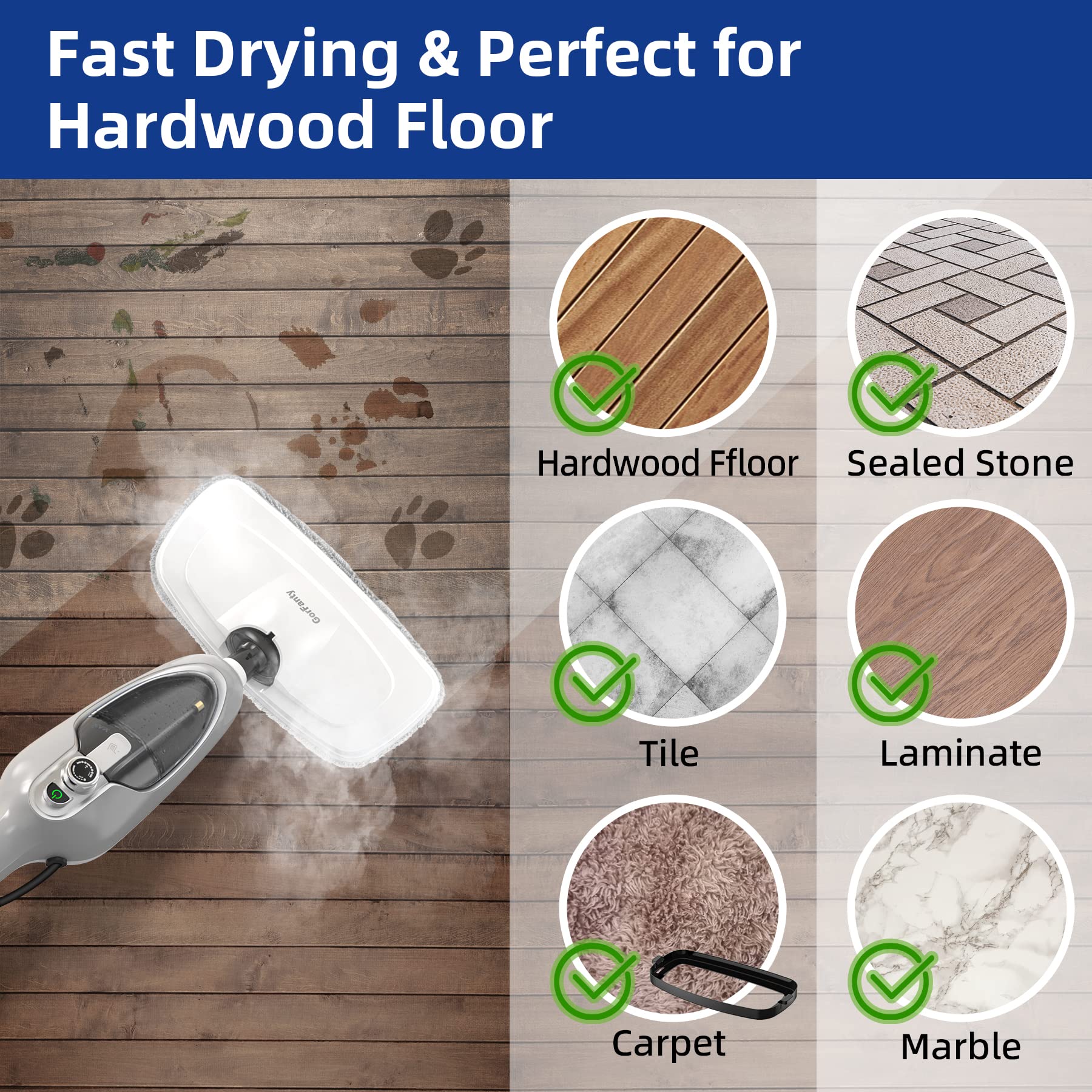 Steam Mop - 10-in-1 MultiPurpose Handheld Steam Cleaner Detachable Floor Steamer for Hardwood/Tile/Laminate Floors Carpet with 11 Accessories for Whole Home Use
