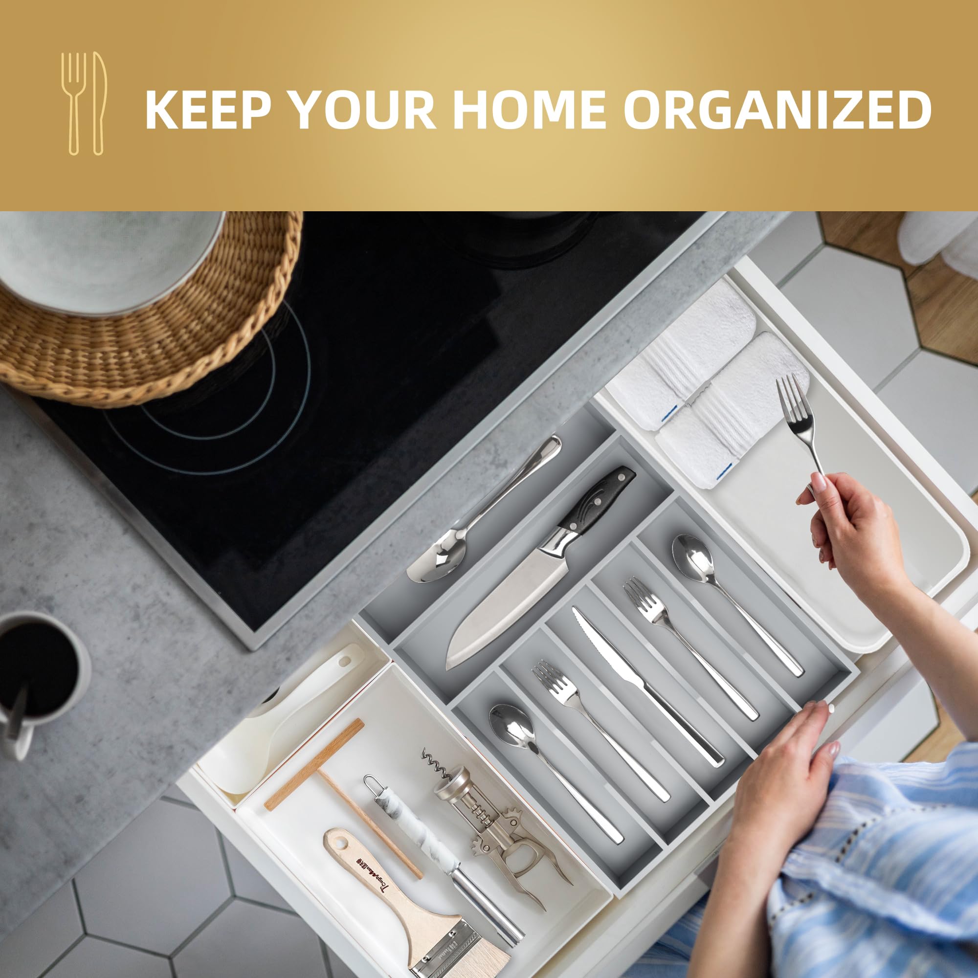 Silverware Organizer 13 Inch Gray Bamboo Kitchen Drawer Organizer 7 Slots Utensil Organizer Silverware Holder Cutlery Organizer Flatware Tray