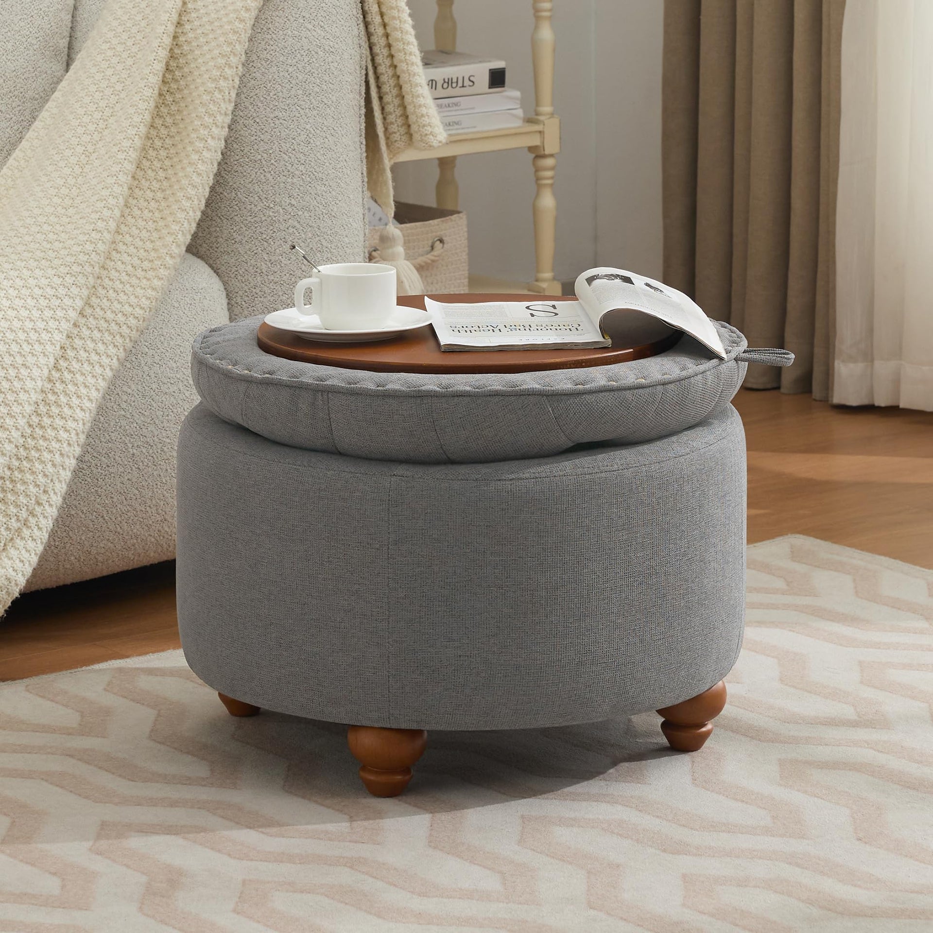 24Inch Round Storage Ottoman with Tray