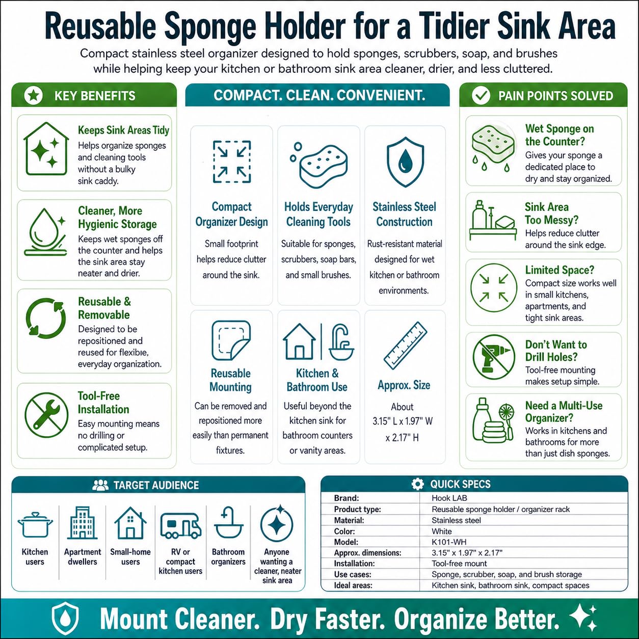 Hook LAB Reusable Sponge Holder for Kitchen Sink & Bathroom Organizer