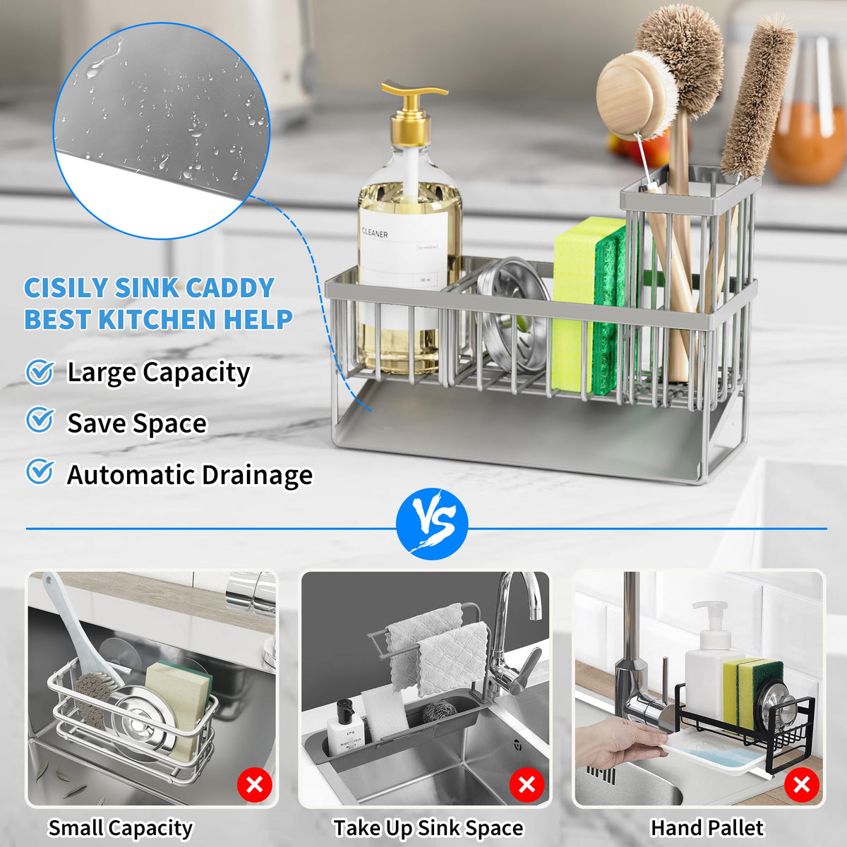 Sink Caddy Organzier with High Brush Holder