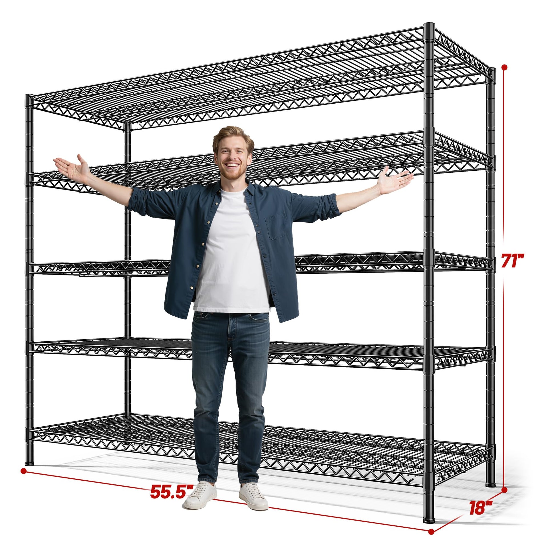 3200LBS Storage Shelves 55.5" W Garage Shelving Heavy Duty 5 Tier Adjustable Wire Shelving Unit Metal Shelving for Garage Pantry Commercial Basement